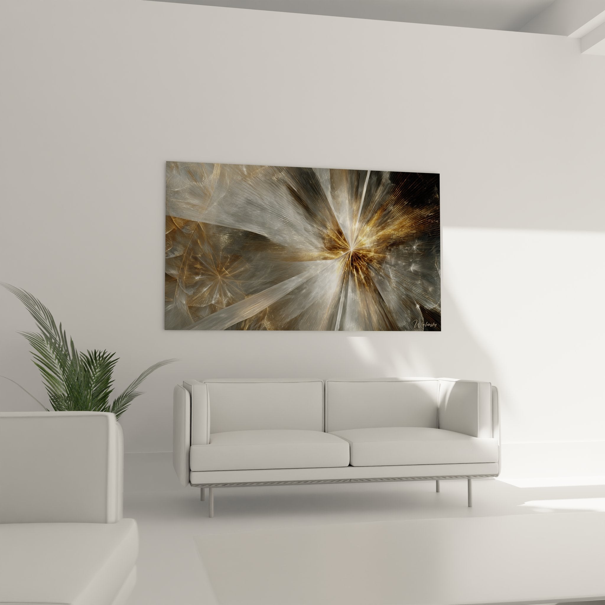 Détail tableau abstrait rayons lumineux dorés texture métallique art moderne contemporain