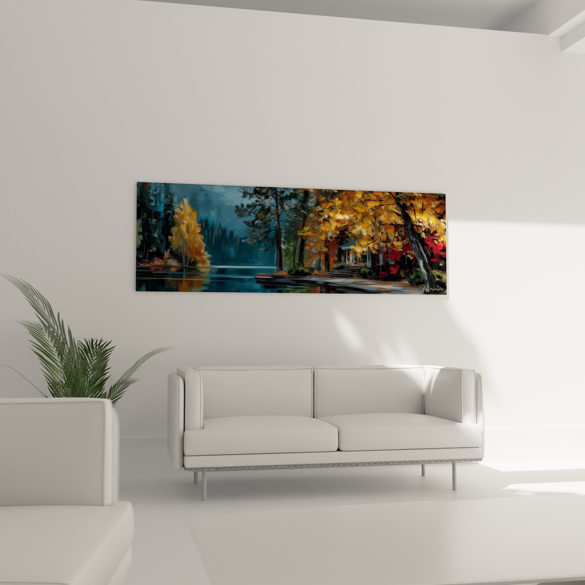 Détail tableau paysage lacustre, technique picturale reflets dorés et feuillages automnaux