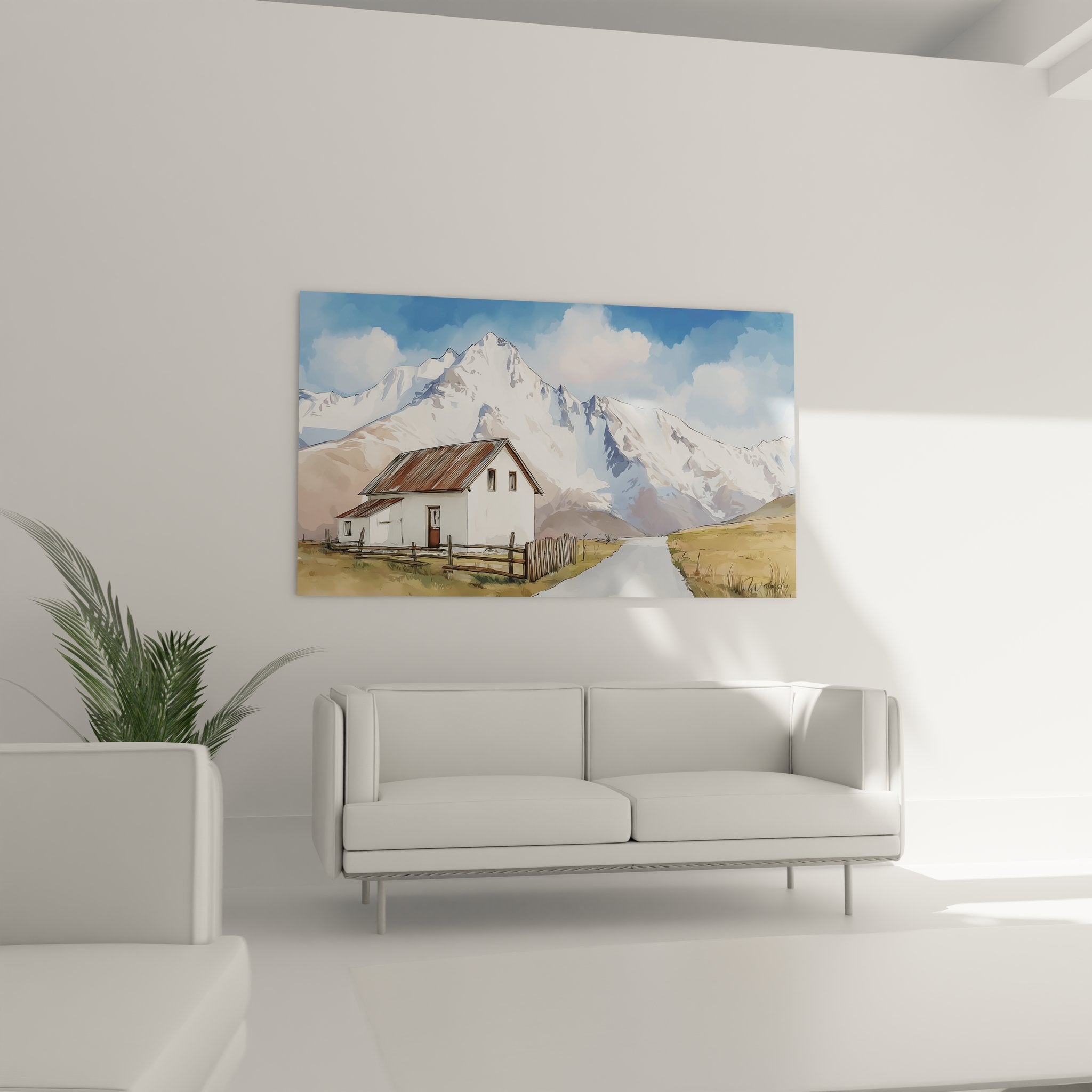 Détail tableau refuge de montagne - maison alpine traditionnelle aux murs blancs et toit cuivré rustique