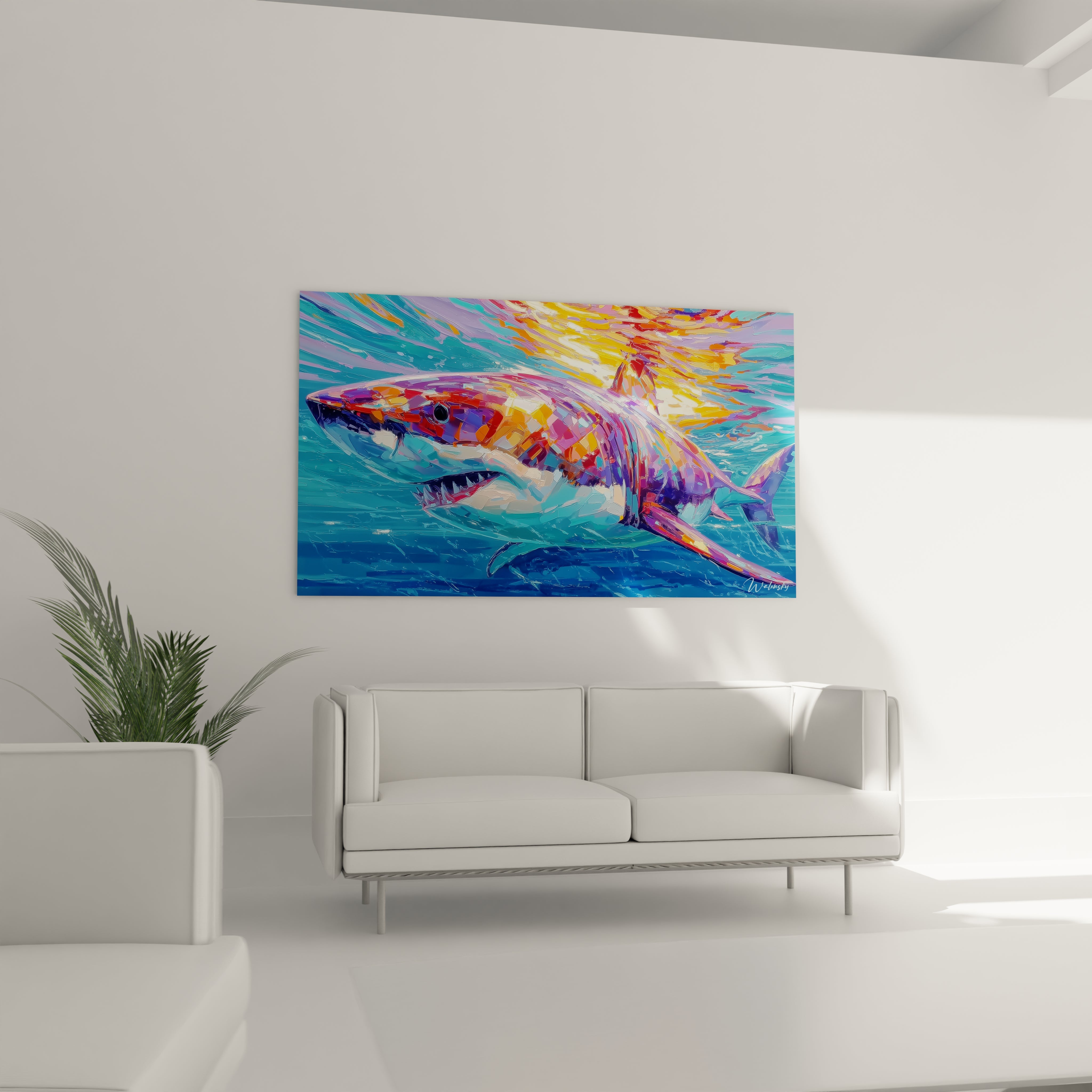 Gros plan détail tableau requin aux couleurs vibrantes technique picturale moderne
