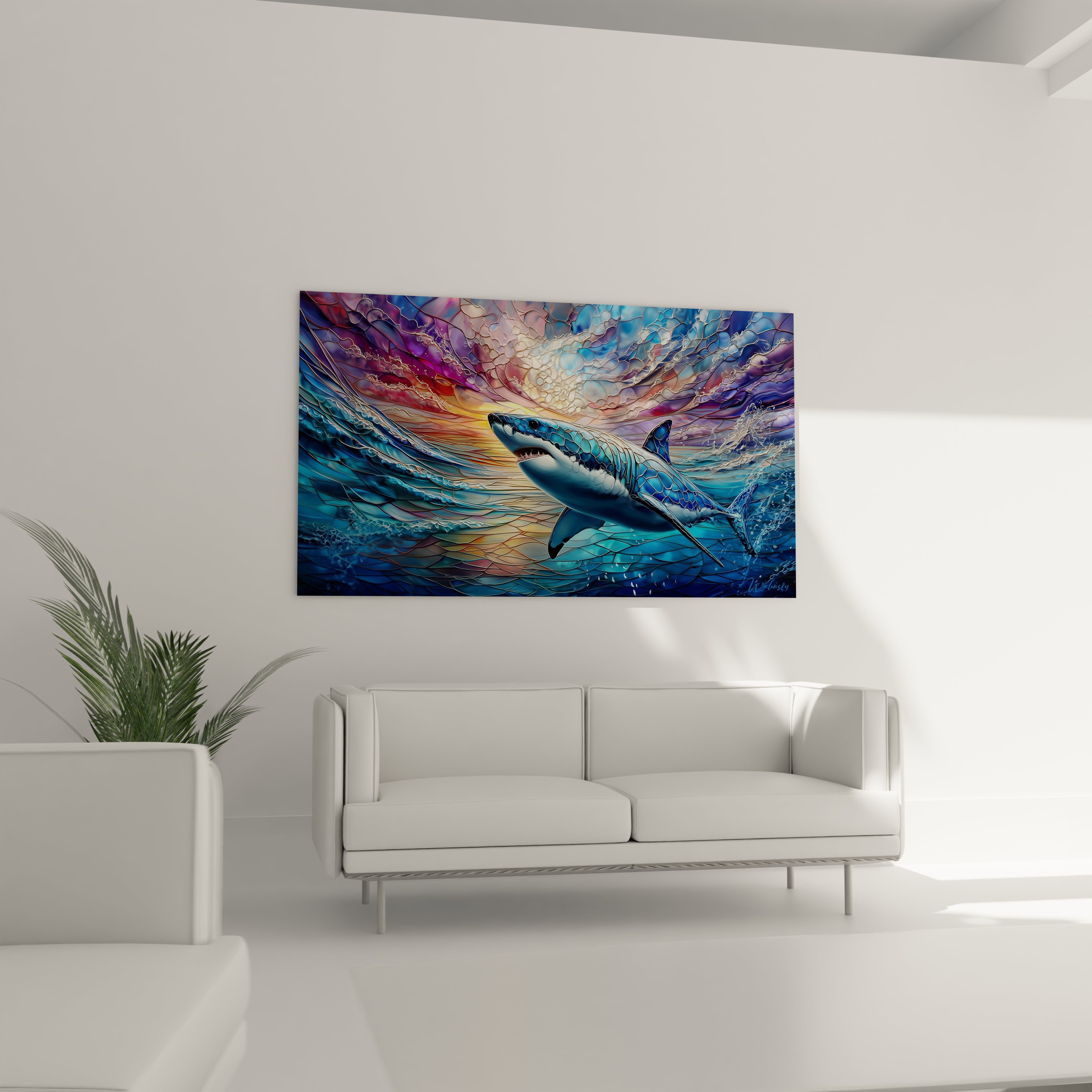 Gros plan détails tableau requin mégalodon technique vitrail avec fragments colorés océaniques