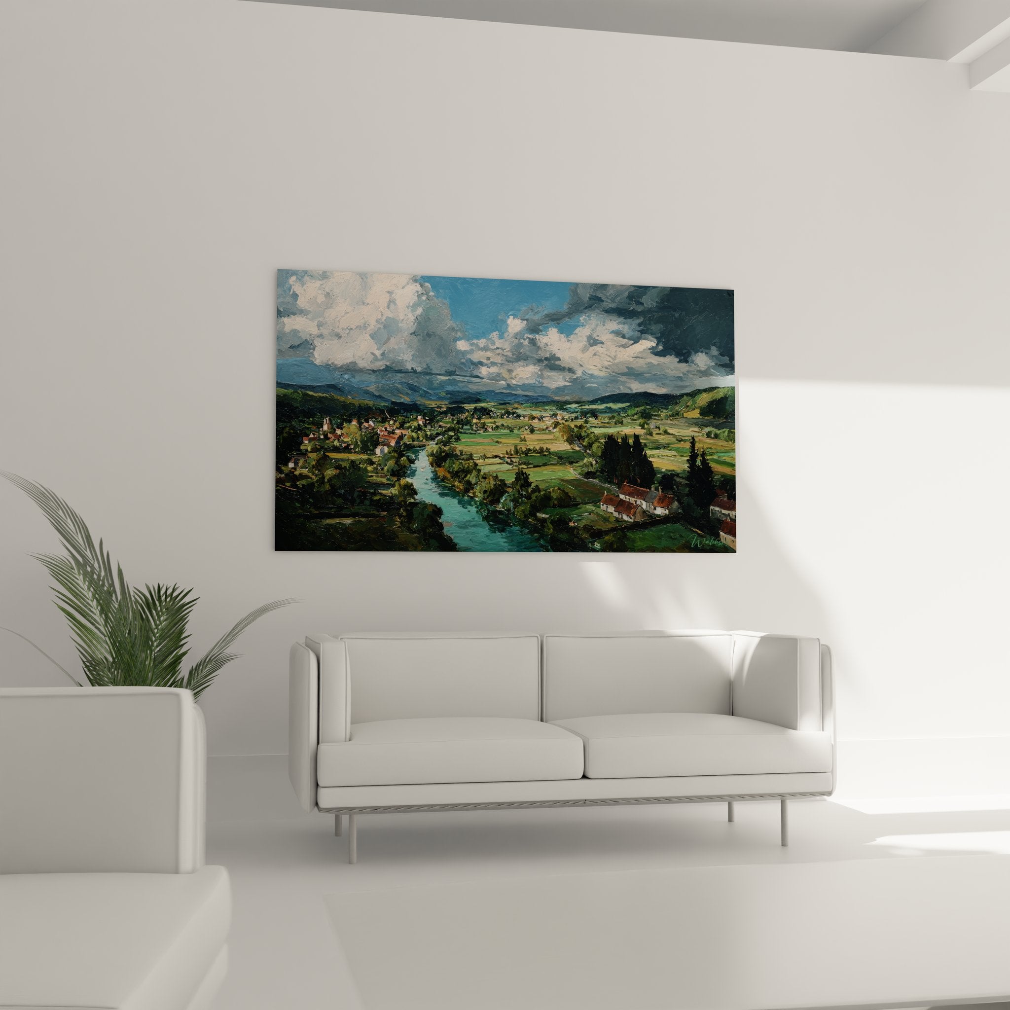 Détail tableau paysage montrant technique picturale rivière turquoise et végétation luxuriante