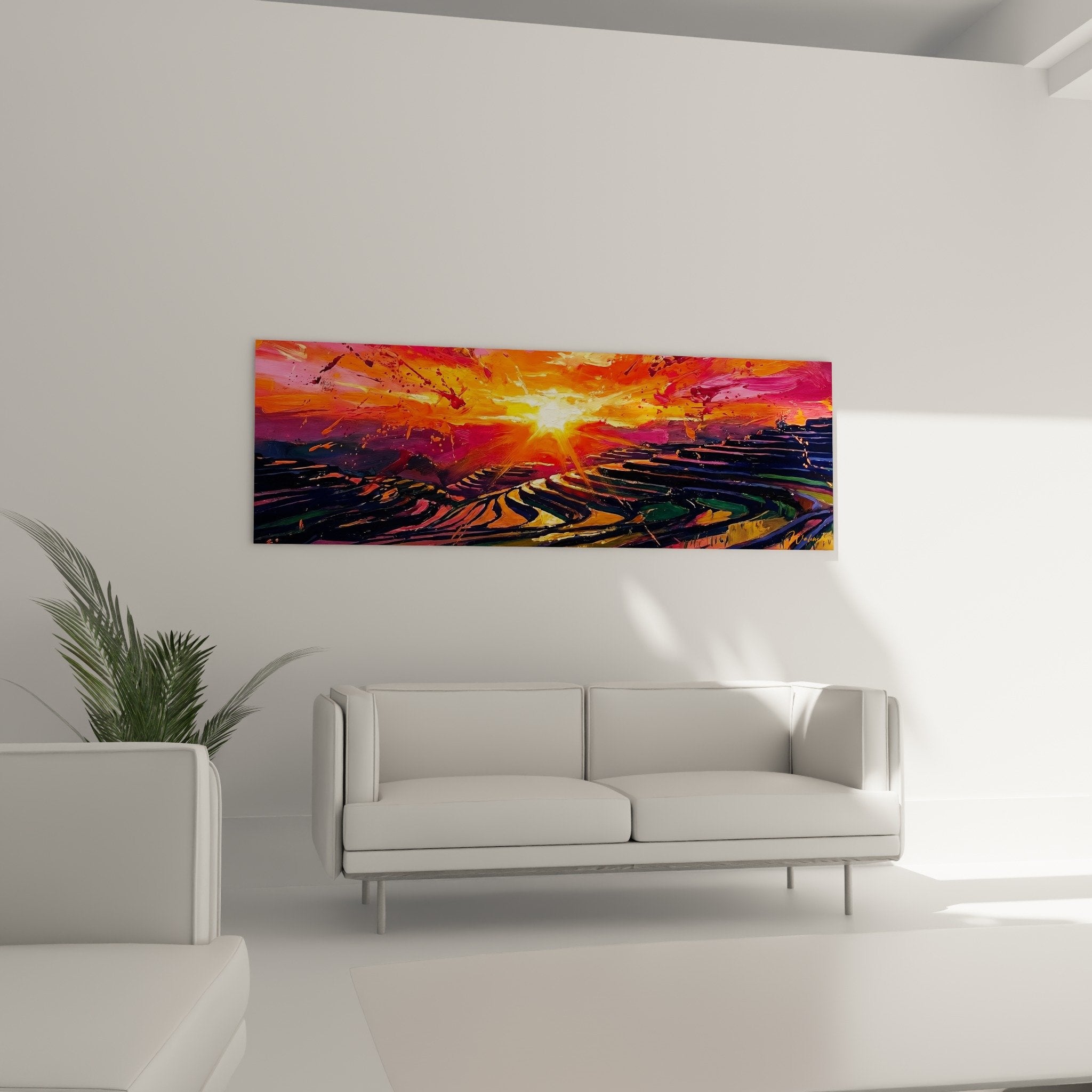 Detail tableau rizieres coucher soleil eclats peinture technique moderne couleurs vives orange