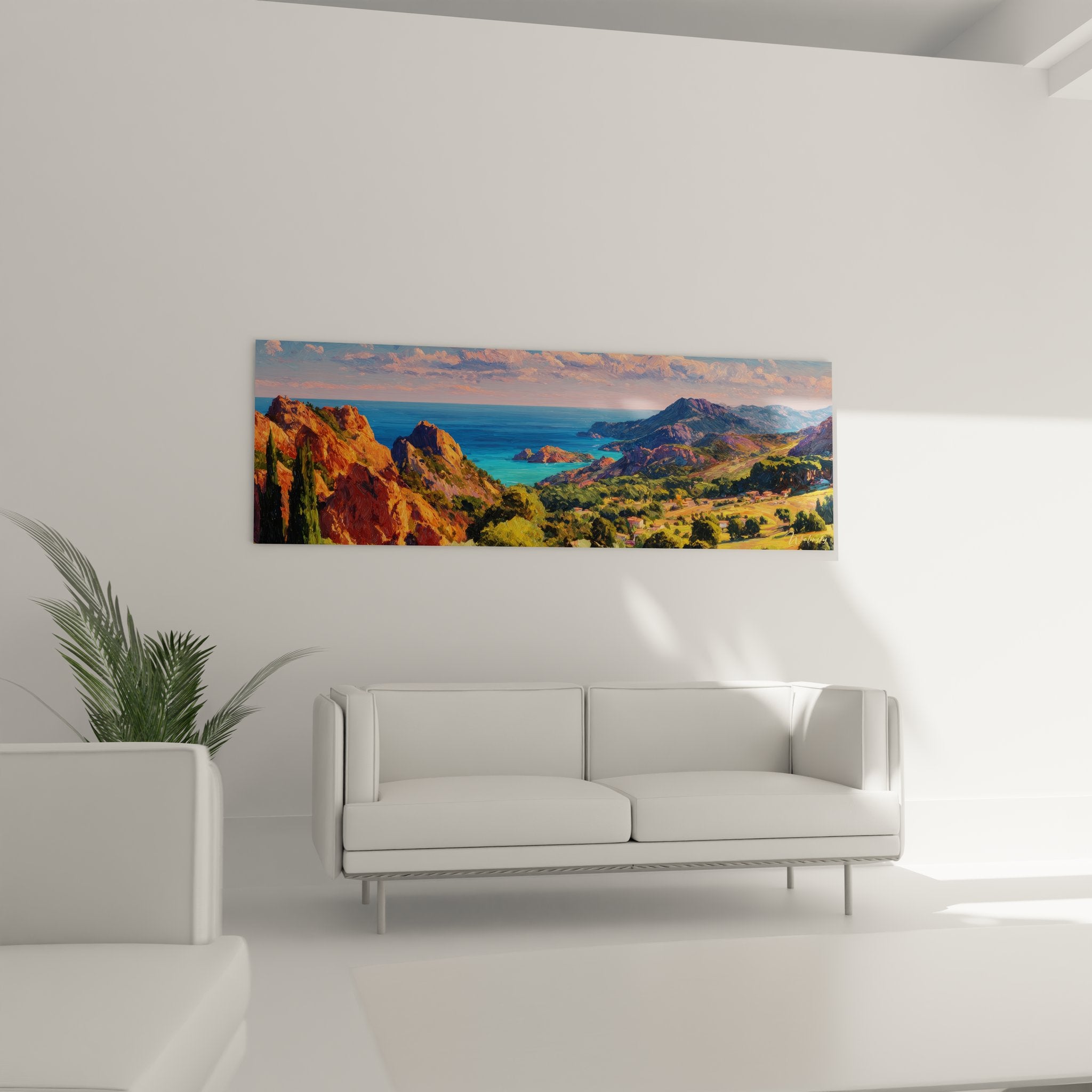 Détail tableau côte méditerranéenne montrant rochers ocre et végétation méditerranéenne au bord de mer