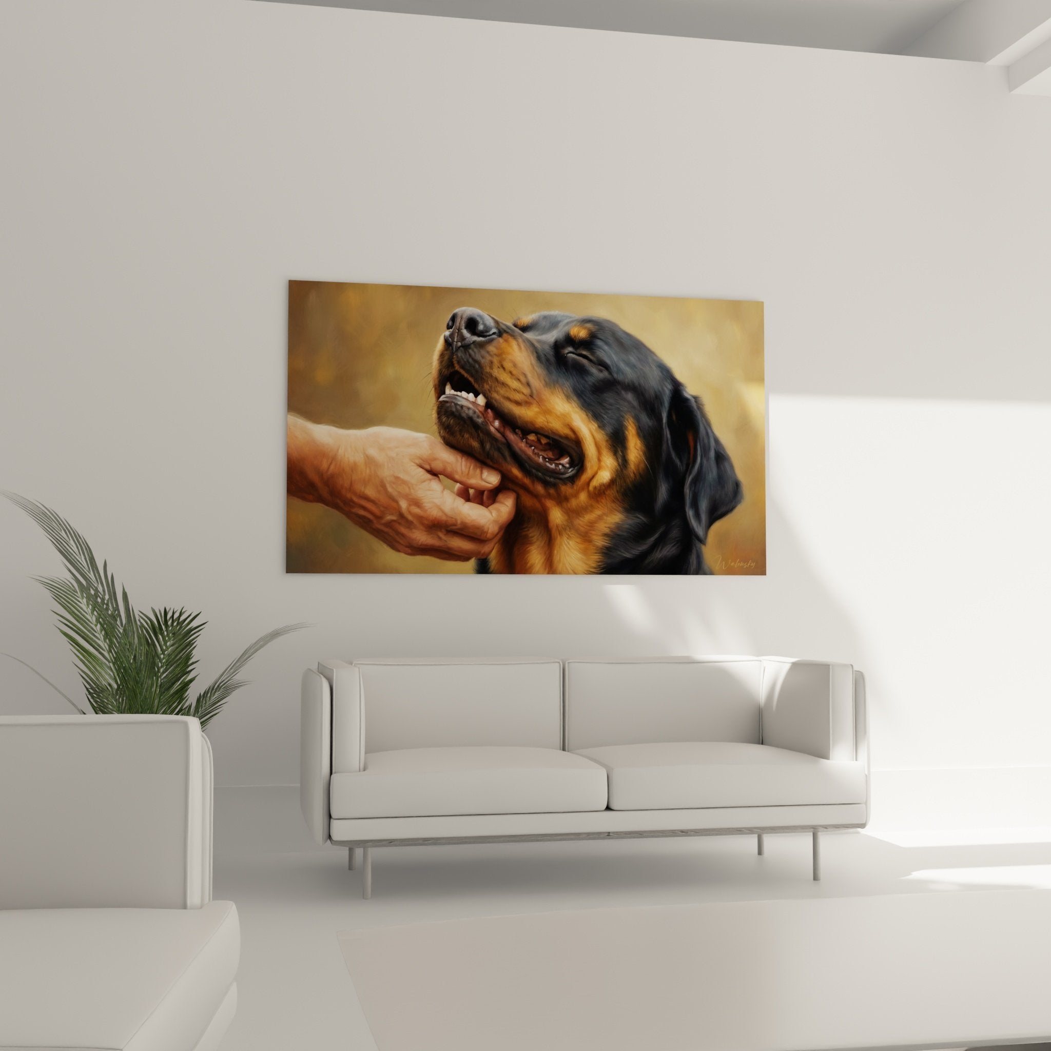 Dettaglio ravvicinato quadro Rottweiler espressione gioiosa mantello nero fulvo mano tesa pittura realistica