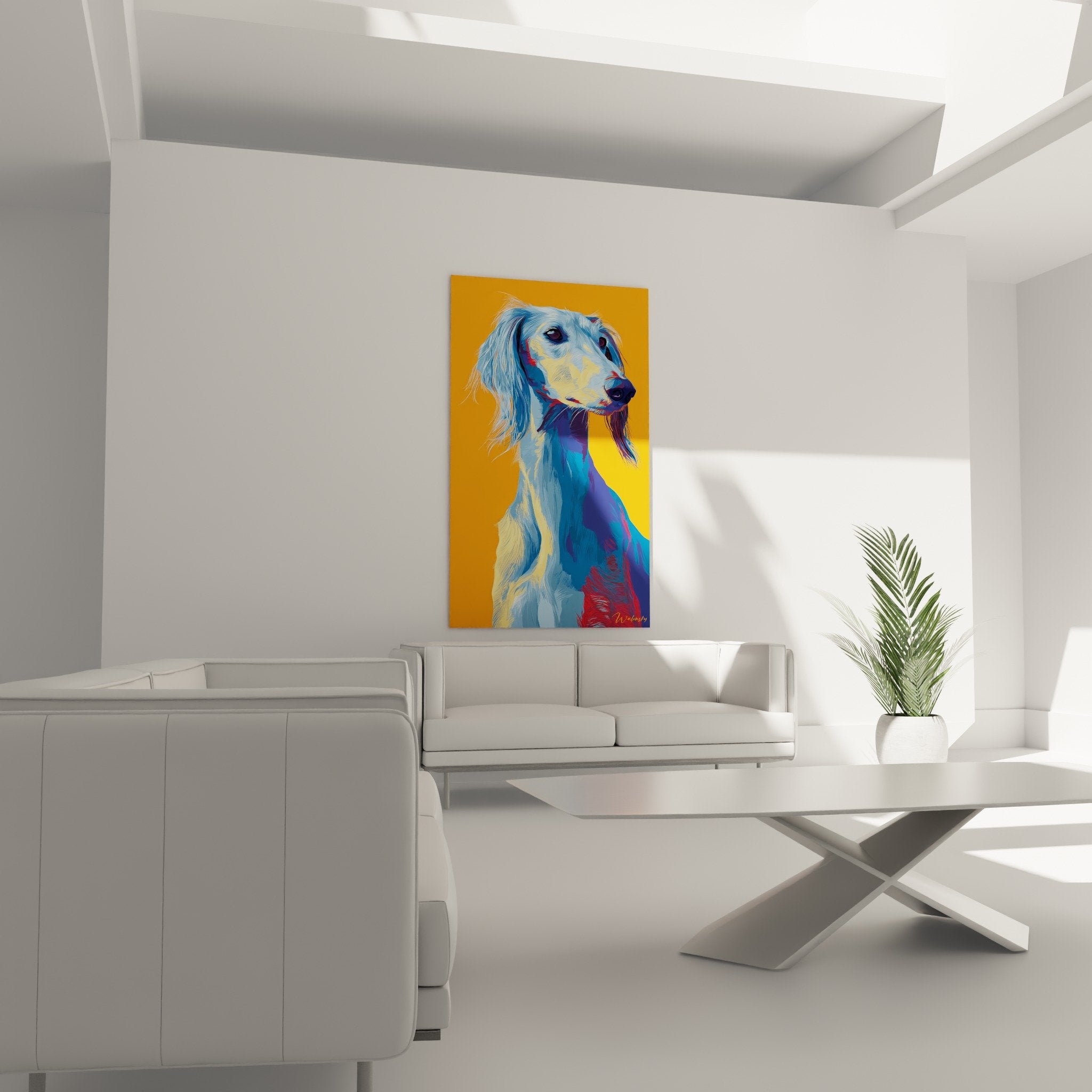 Saluki-Porträtdetail lebendige Farben Türkisblau Orange moderne Maltechnik