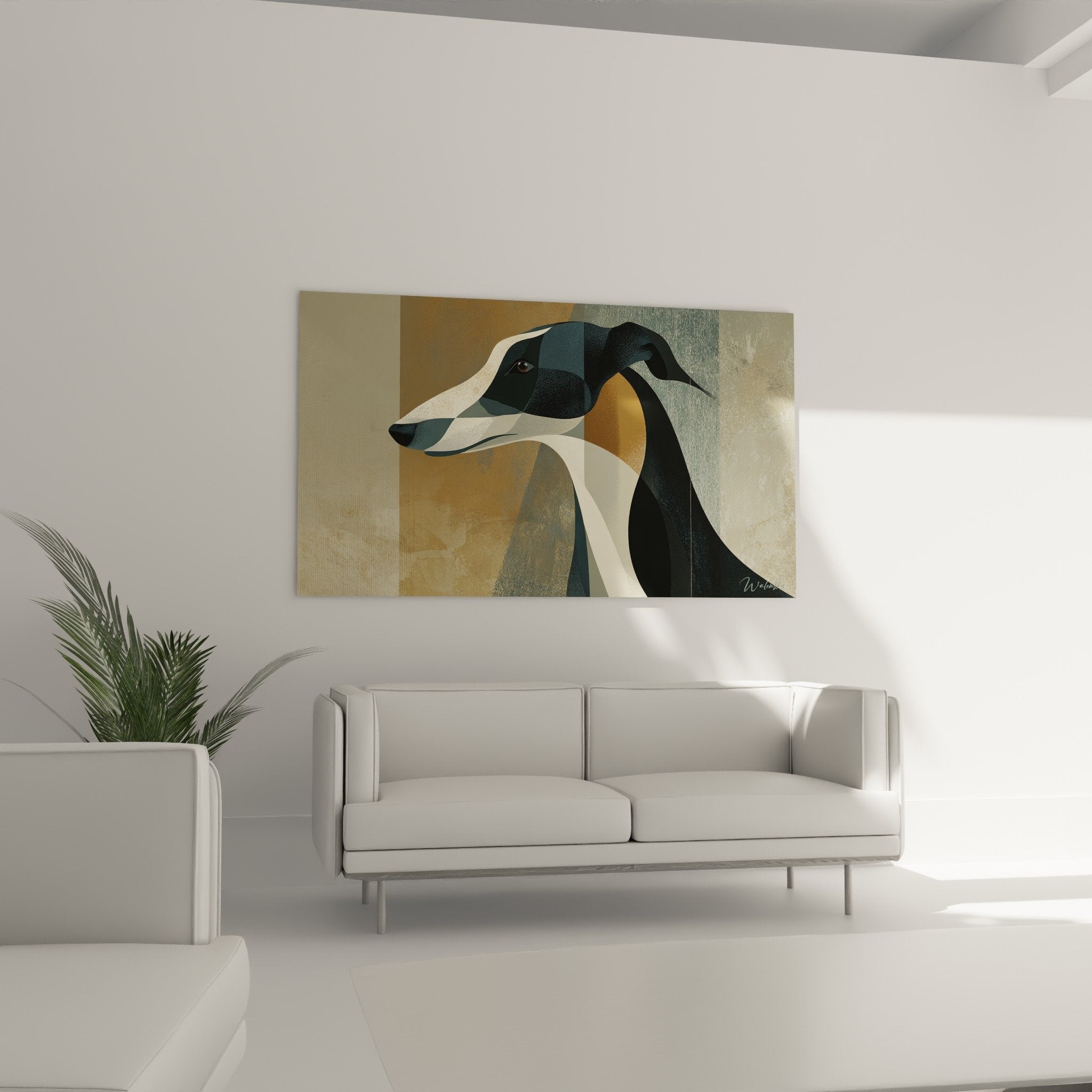 Détail du tableau saluki géométrique montrant les nuances bleu-gris et textures modernes