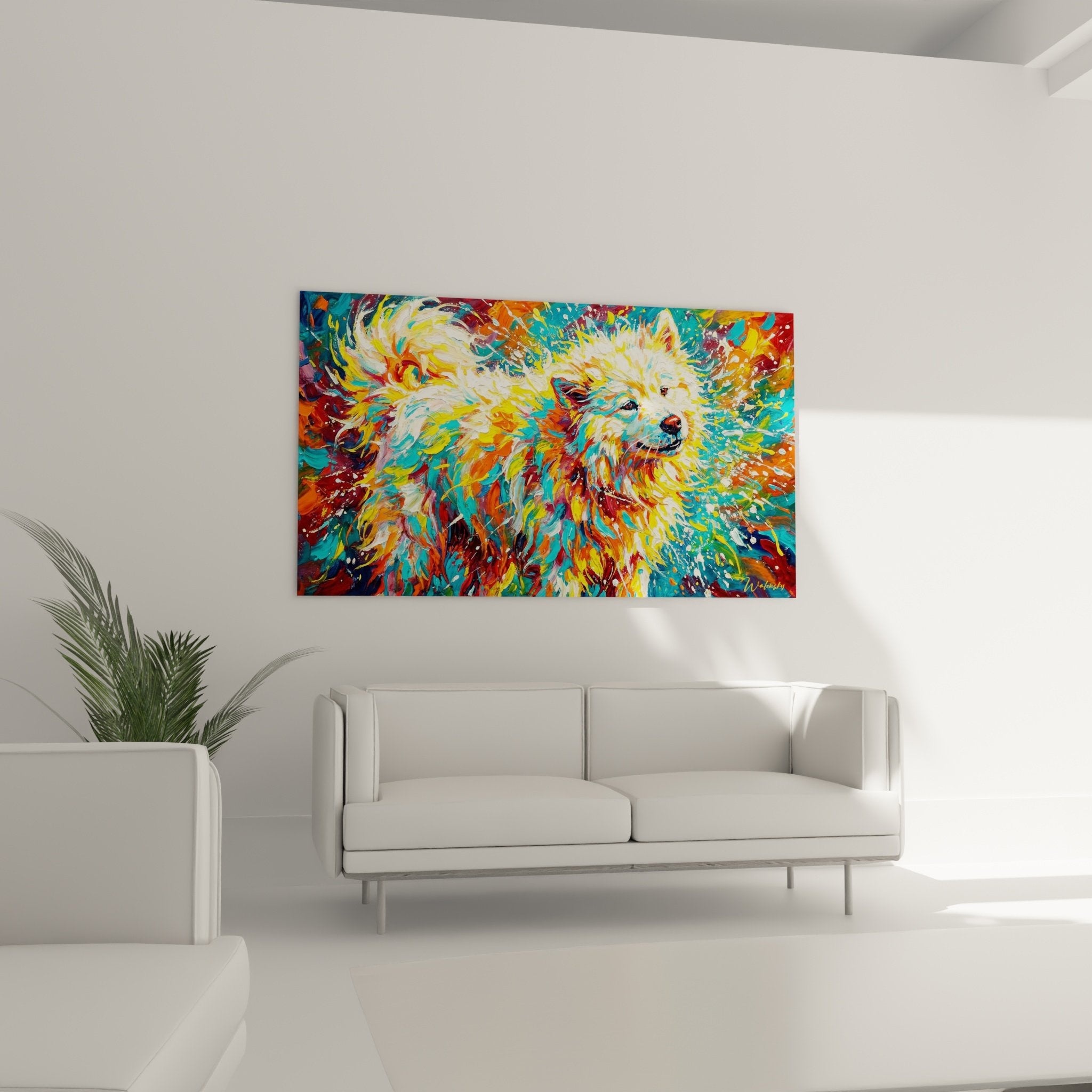 Detail gros plan tableau Samoyede art contemporain couleurs vives turquoise orange peinture expressive