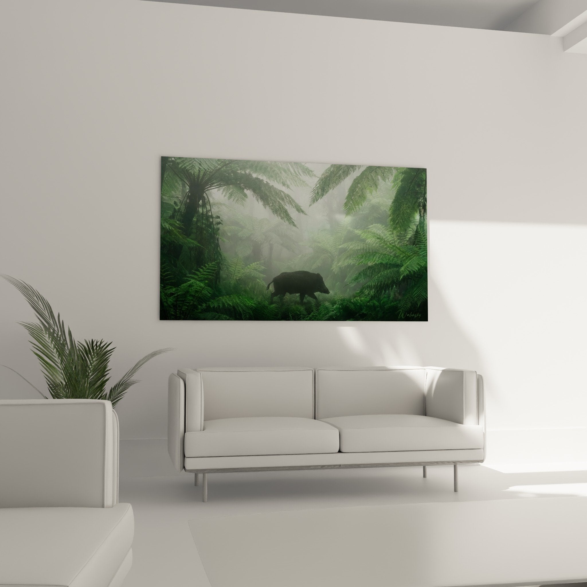 wild boar forest mist ferns textured lush green natural vegetation detail