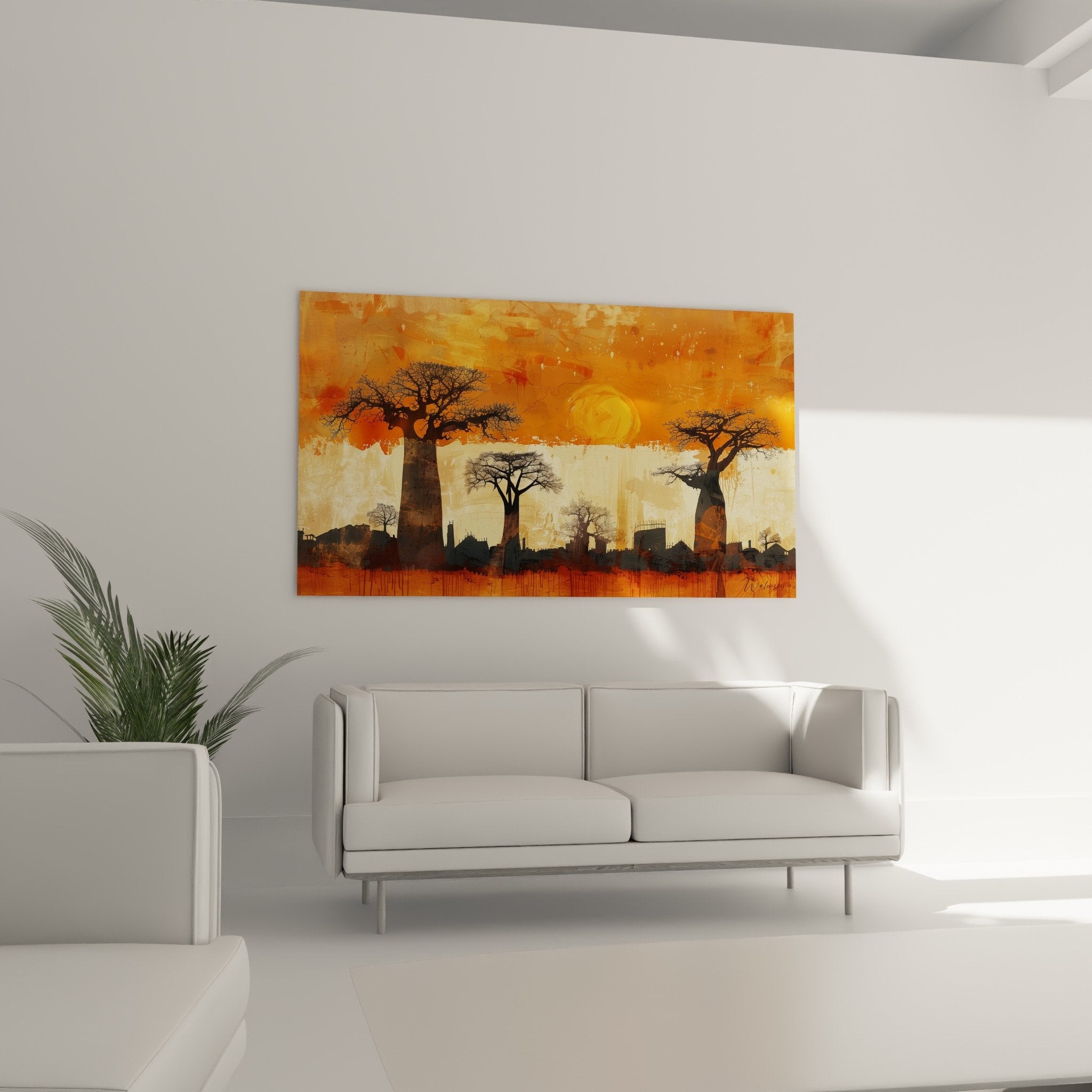 Détail tableau paysage africain textures patinées baobabs silhouettes tons dorés orangés