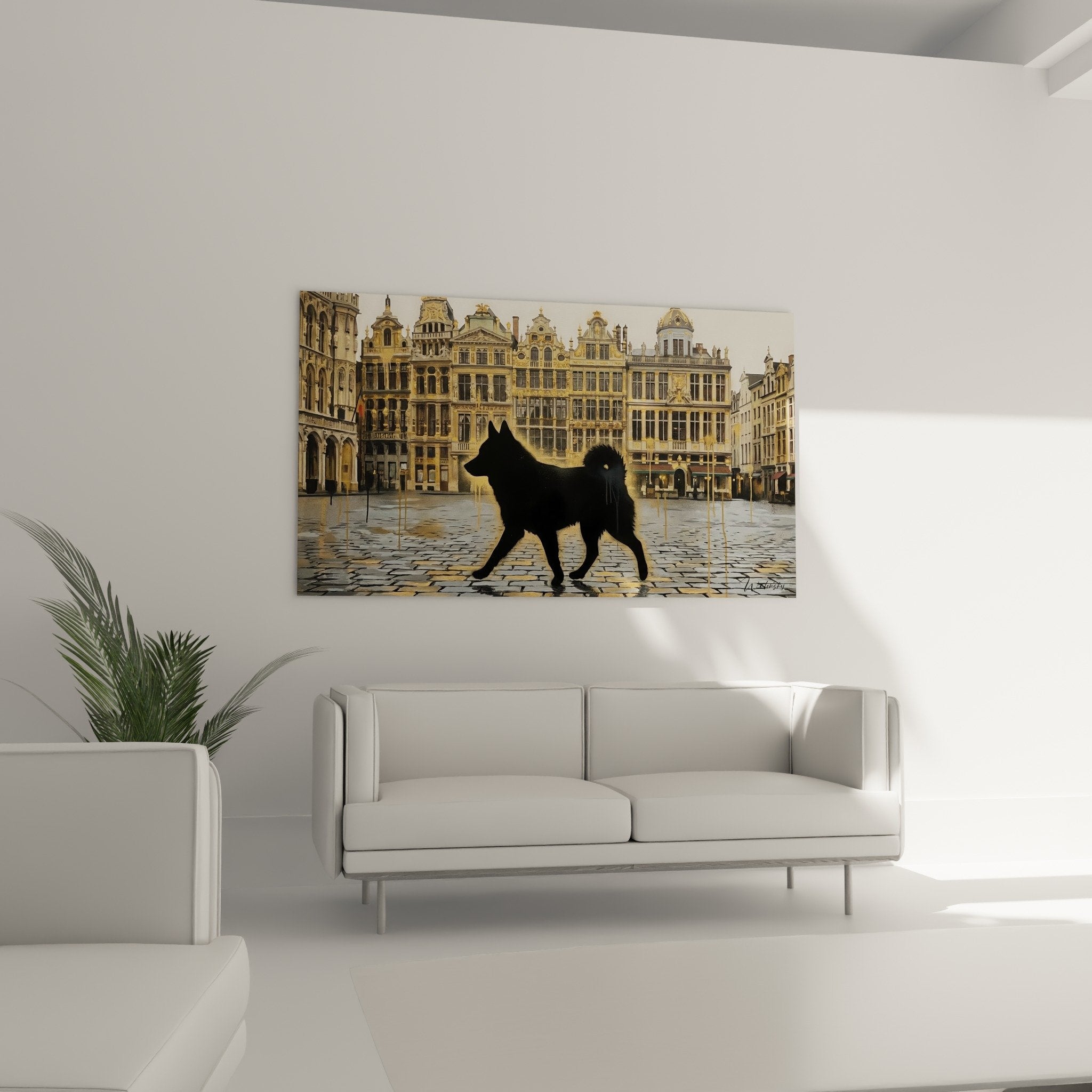 Detail tableau Schipperke silhouette noire pavés reflets dorés architecture flamande qualité impression