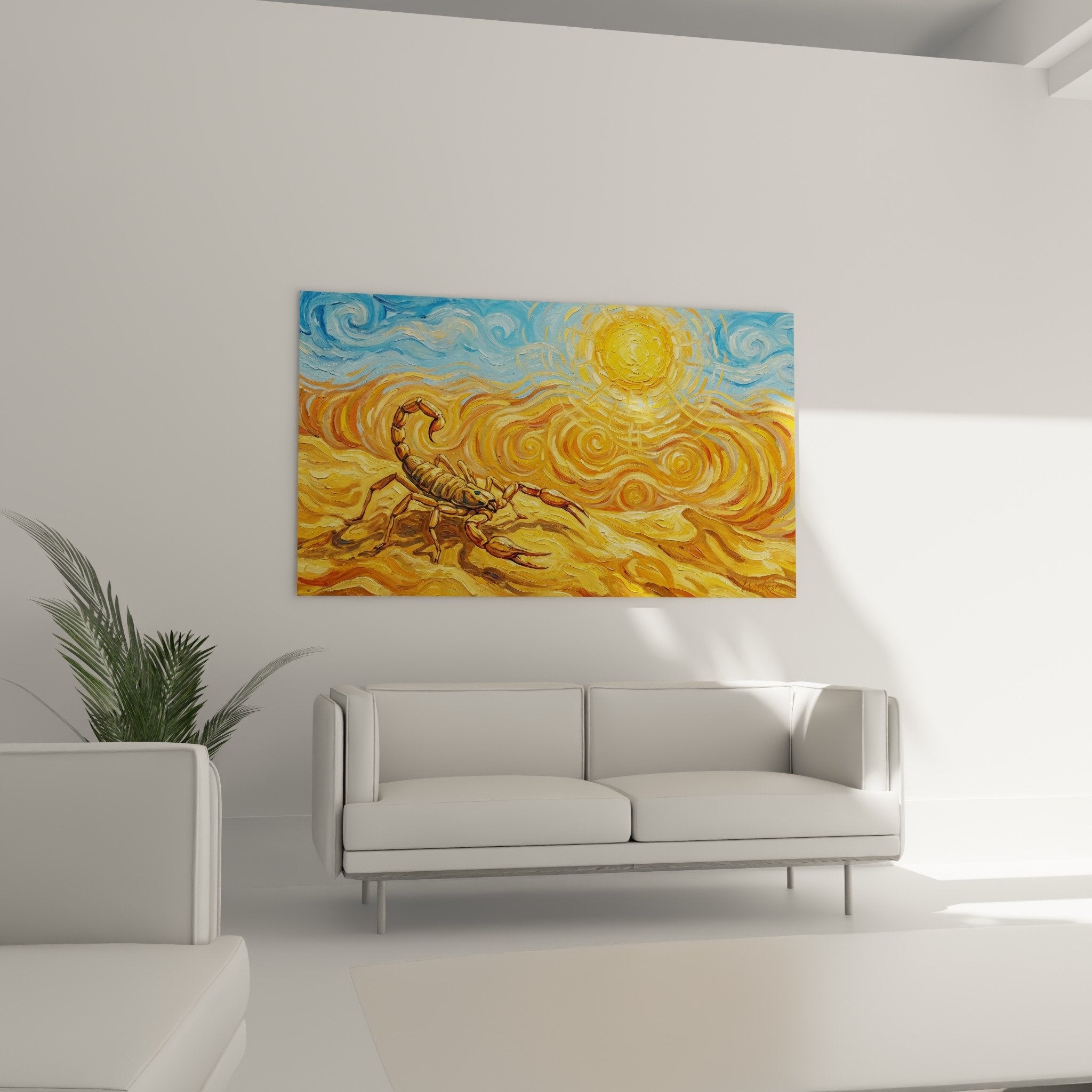 Détail tableau scorpion textures pinceau tourbillons dorés technique postimpressionniste empâtements