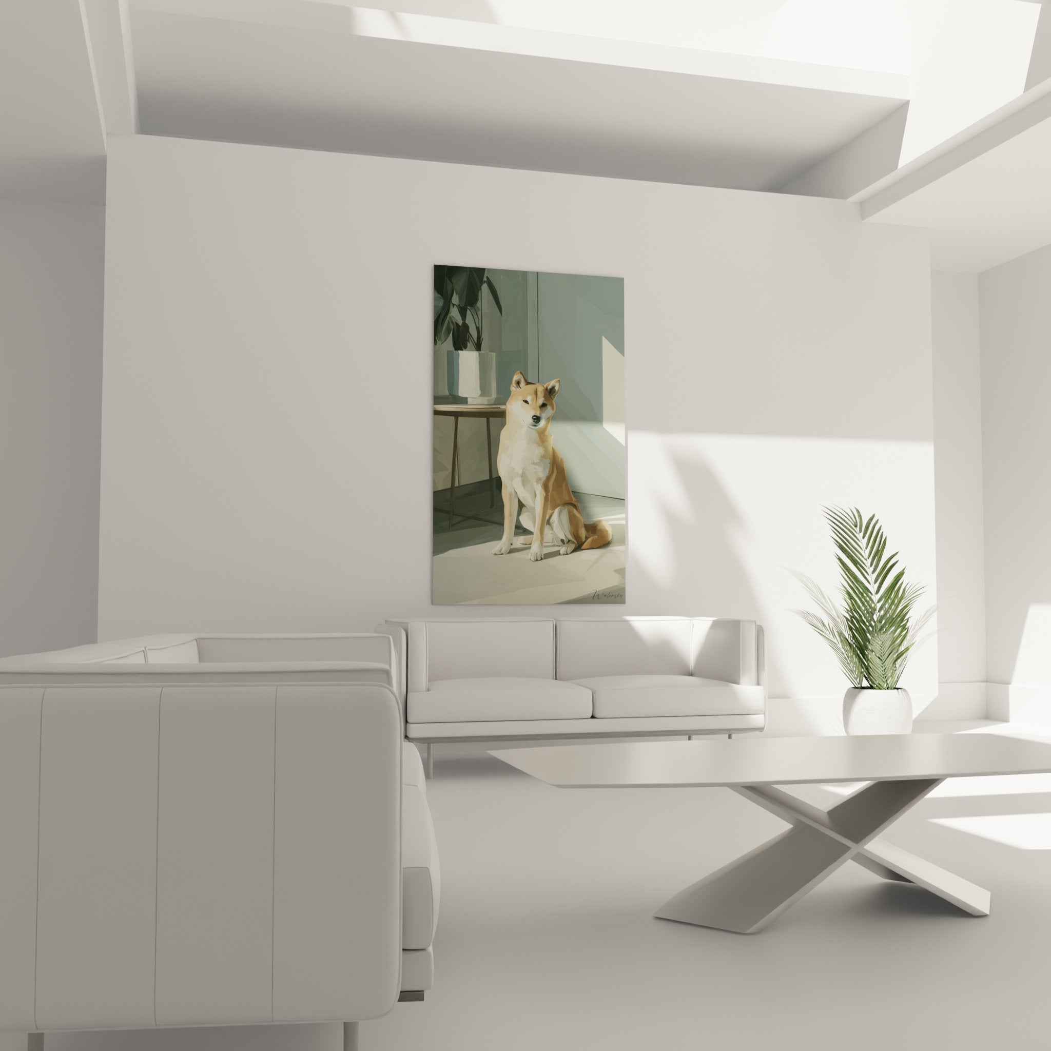 Détail tableau Shiba Inu pelage fauve doré regard serein style artistique contemporain