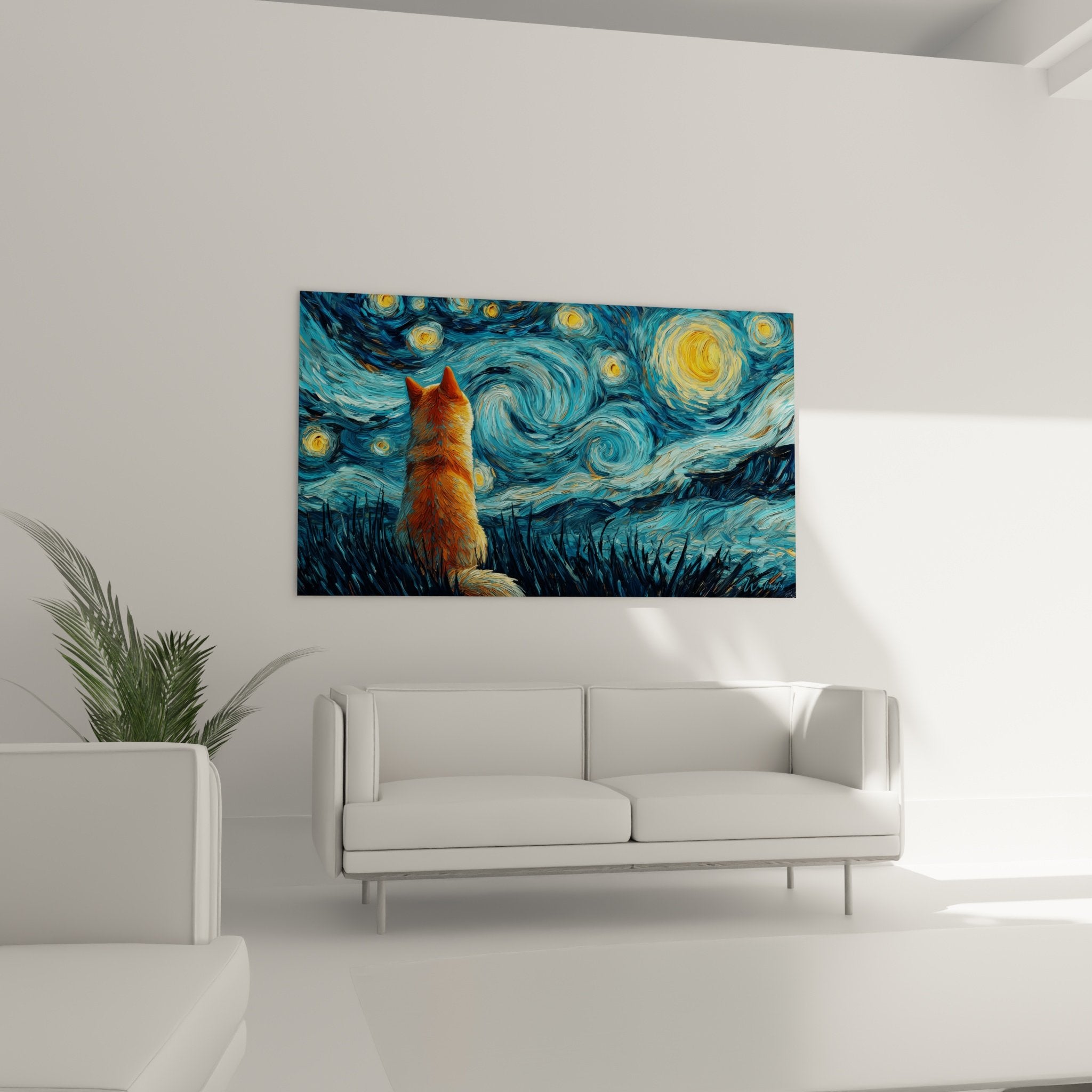 Détail rapproché tableau Shiba Inu pelage cuivré face aux tourbillons célestes bleus et étoiles scintillantes