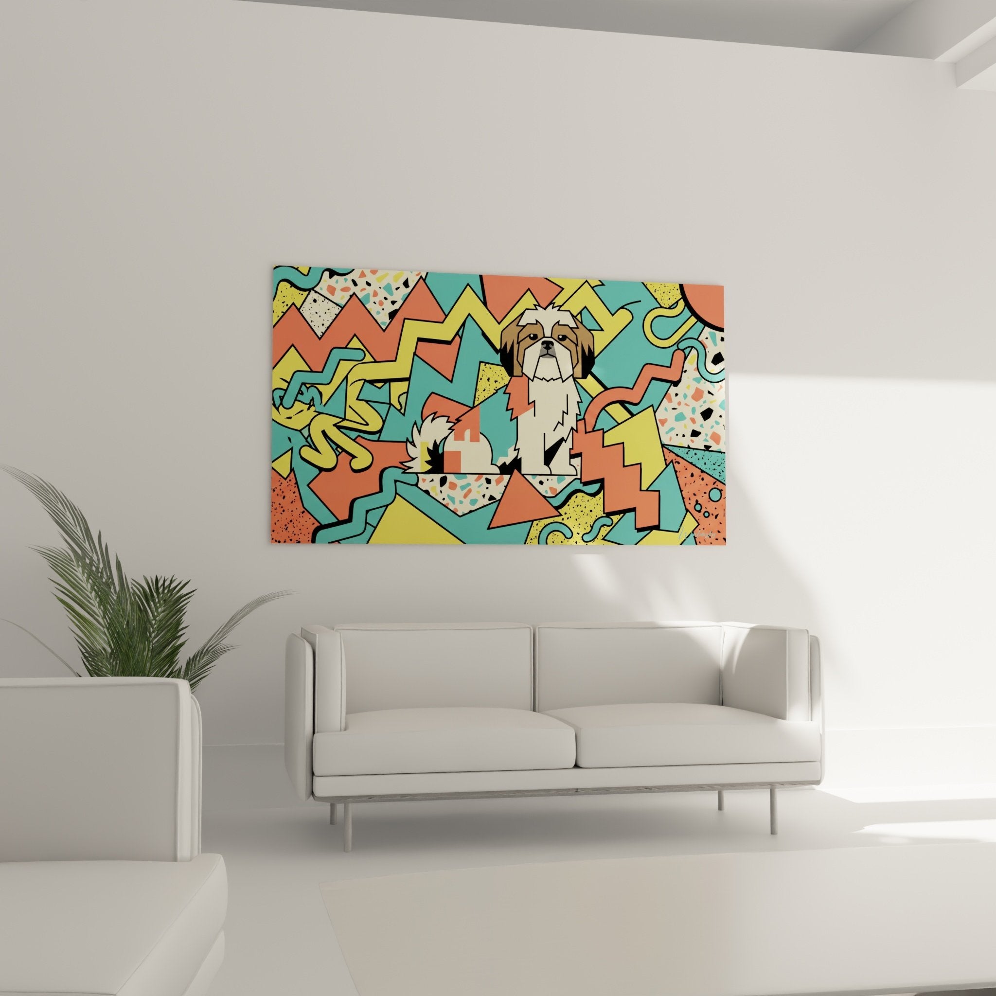 Detail rapproche tableau Shih Tzu graphique couleurs vives motifs geometriques pointilles