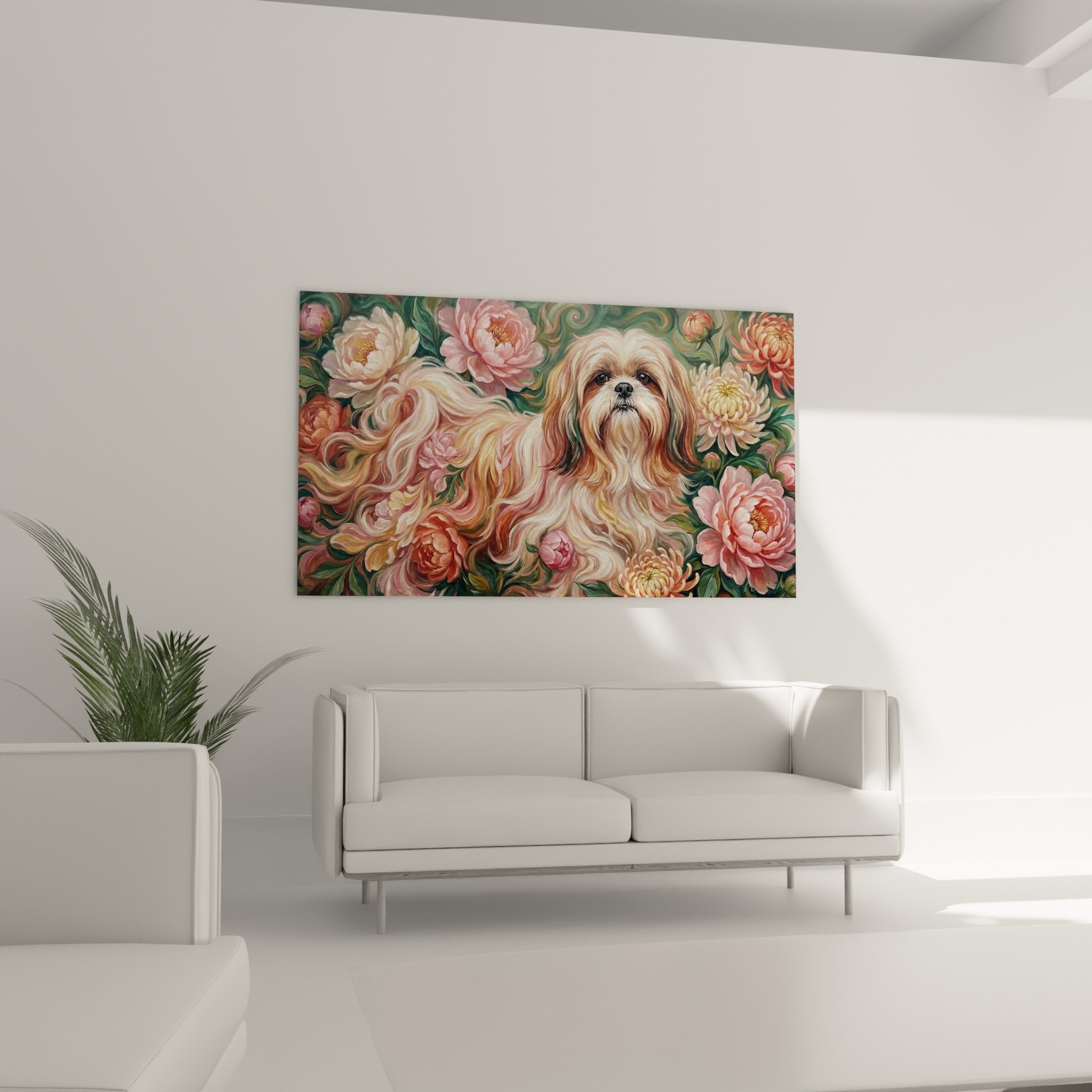 Détail rapproché du tableau montrant le pelage soyeux du Shih Tzu et les pétales de pivoines