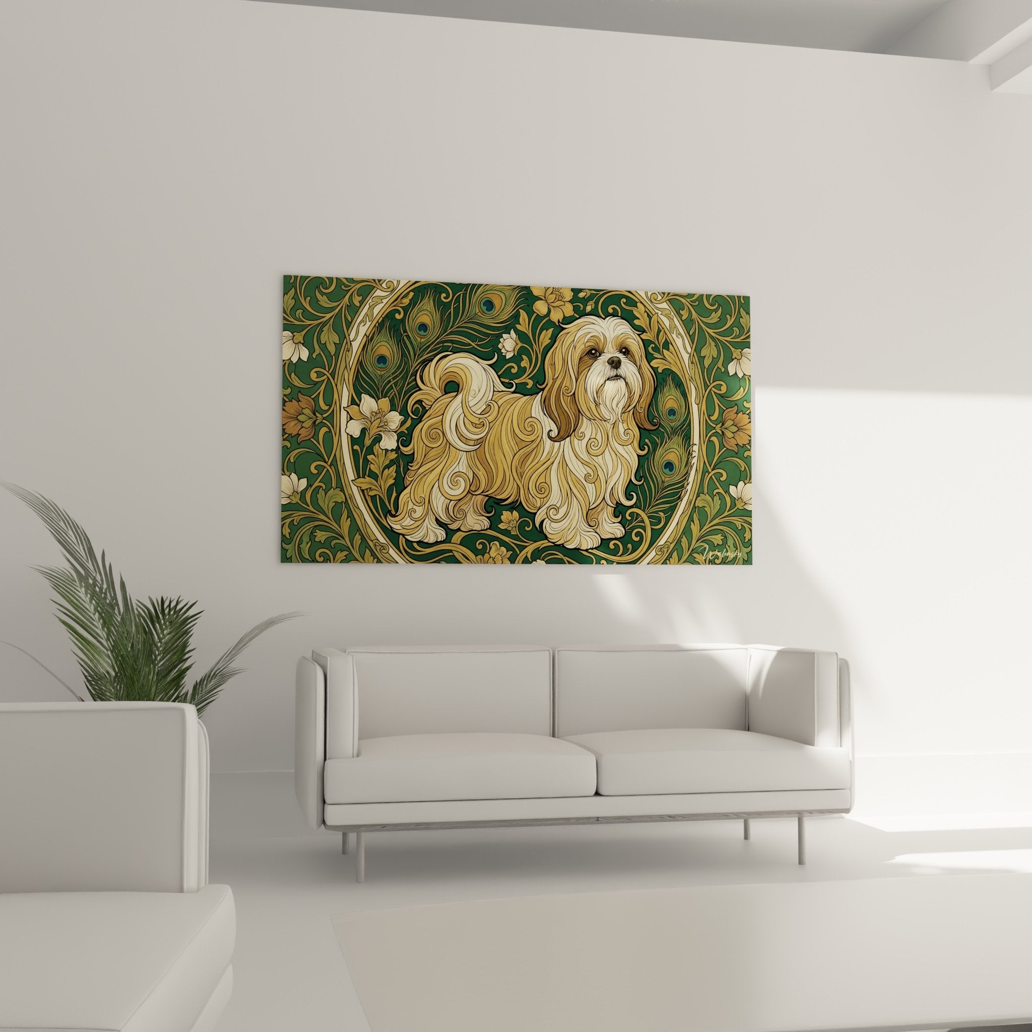 Détail tableau Shih Tzu, pelage stylisé doré, motifs floraux ornementaux sur fond vert