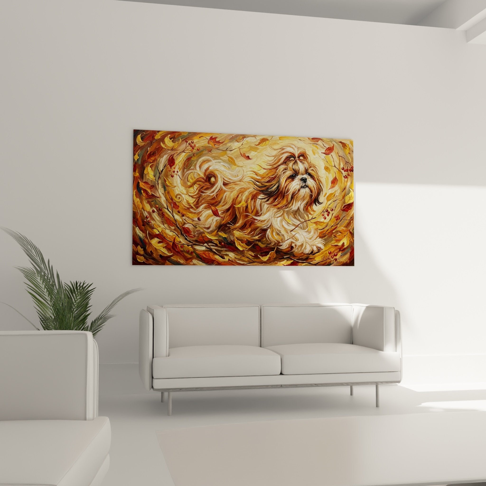 Détail rapproché tableau Shih Tzu pelage soyeux dans tourbillon doré avec technique picturale expressionniste