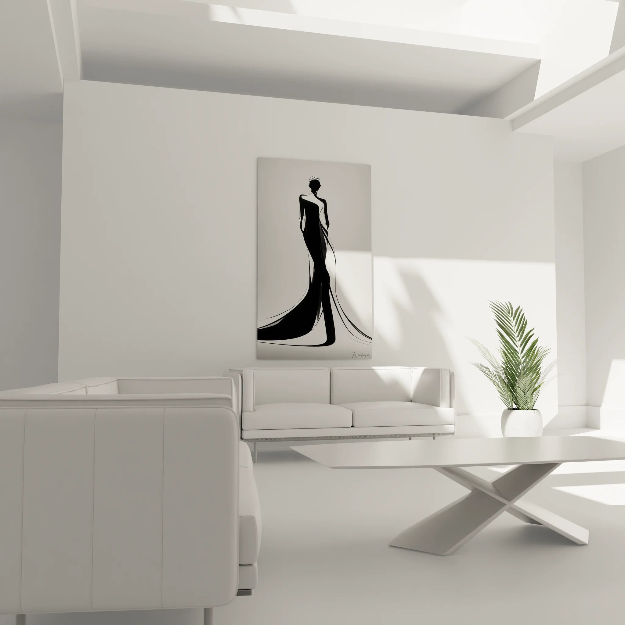 Gros plan détail tableau silhouette féminine robe soirée élégante art graphique noir blanc raffiné