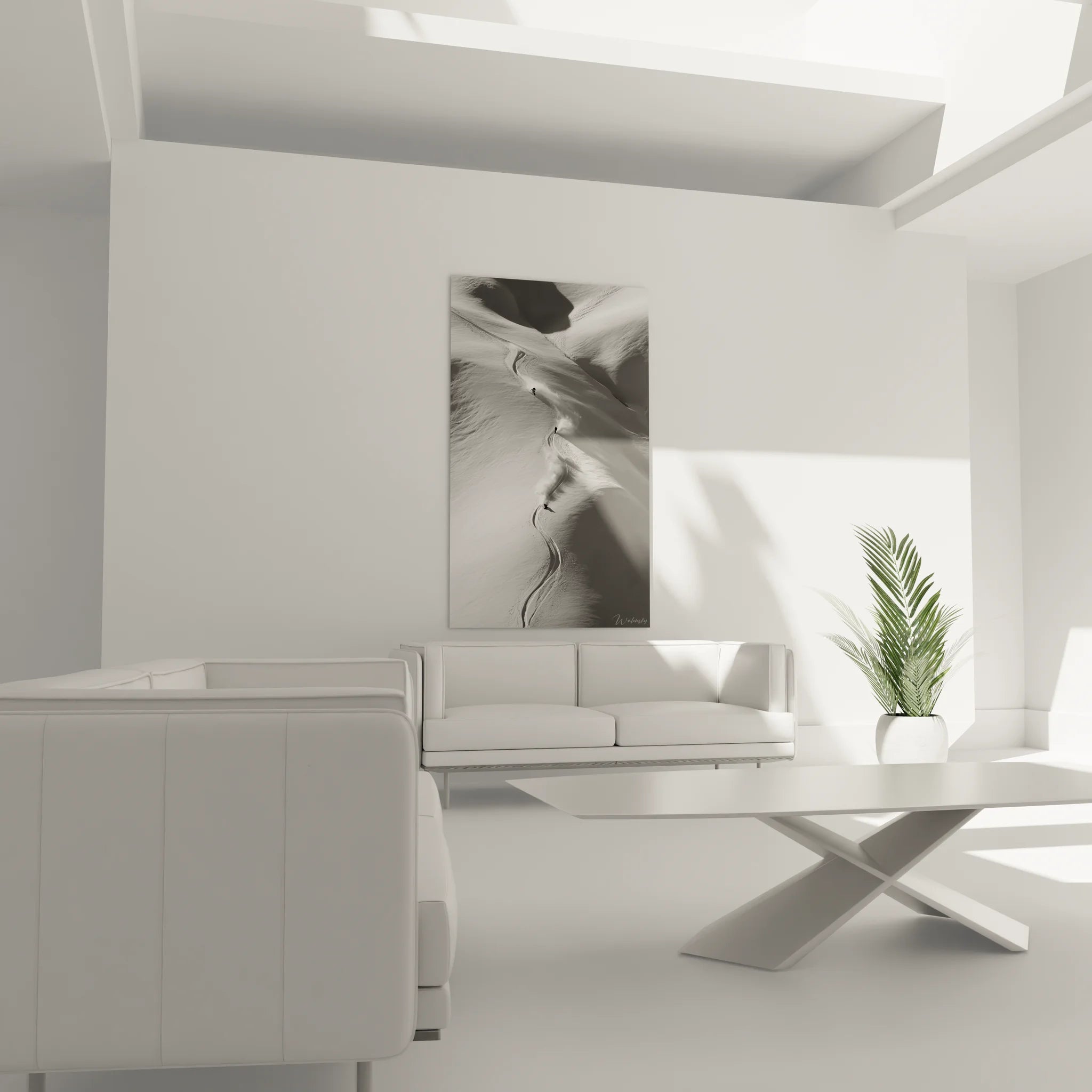 Détail tableau ski traces neige noir et blanc, photographie artistique sports extrêmes haute qualité