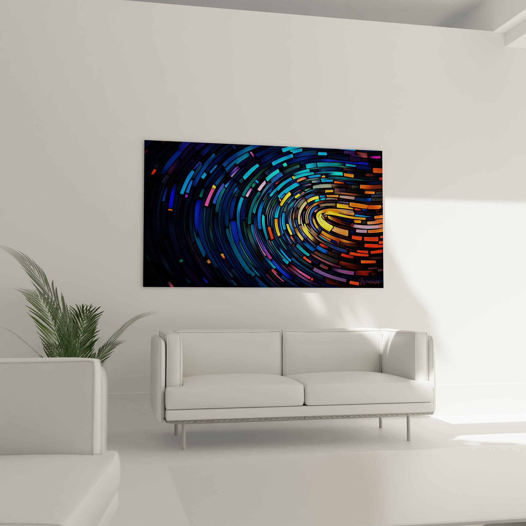 Gros plan détail tableau spirale abstraite montrant segments colorés et effet tunnel numérique