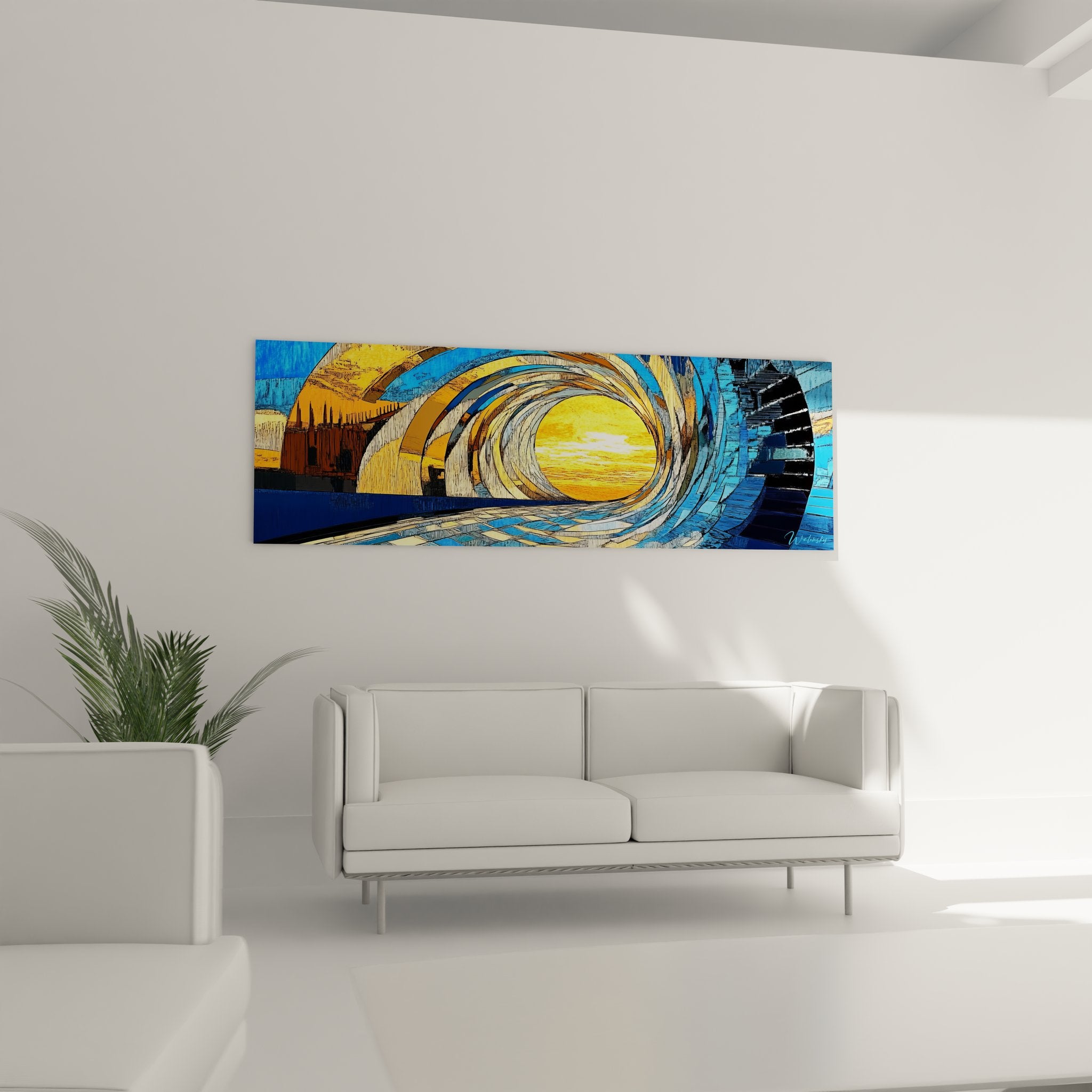 Détail gros plan tableau spirale vague textures dorées bleues art abstrait marin