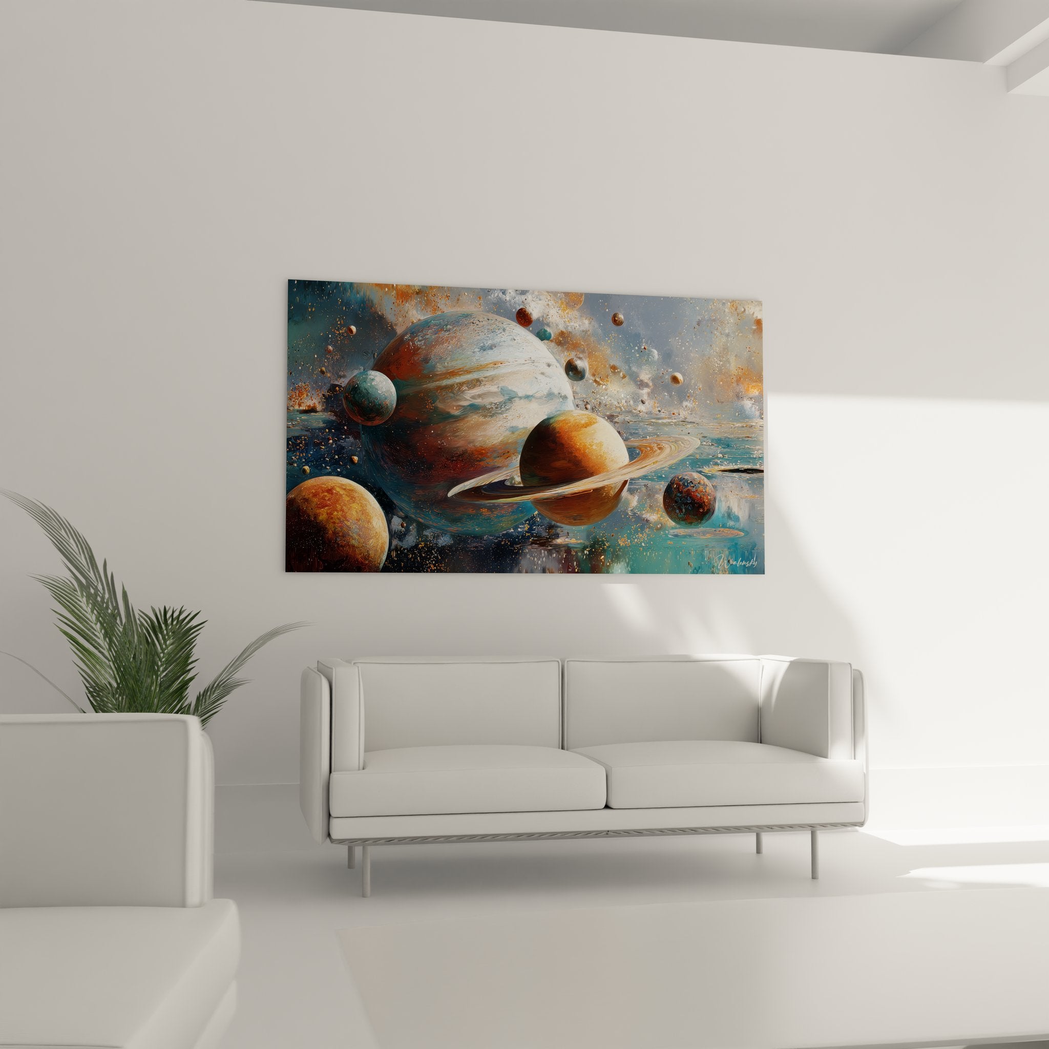 Détail rapproché tableau système solaire montrant textures planétaires et effets lumineux