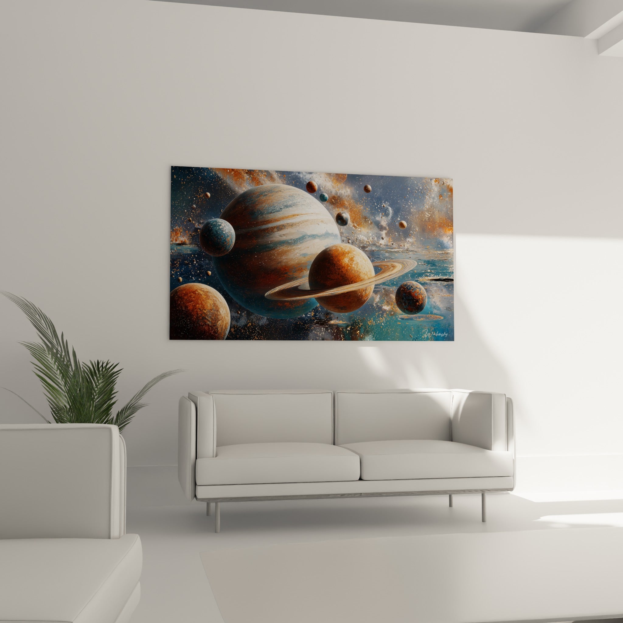 Nahaufnahmedetail des Sonnensystem-Kunstwerks mit Planetentexturen und Lichteffekten