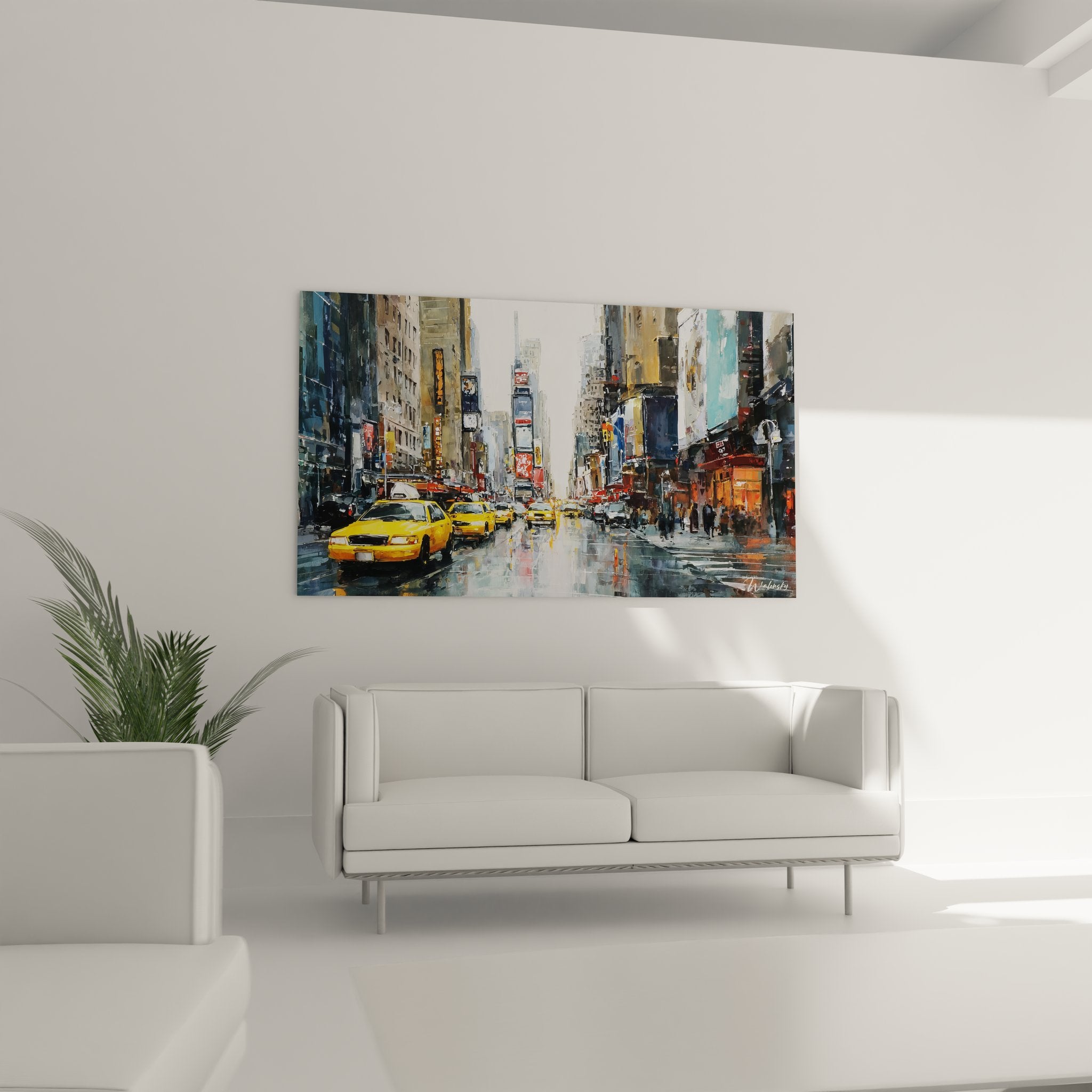 Détail gros plan tableau taxis jaunes Times Square - peinture urbaine NYC reflets pluie