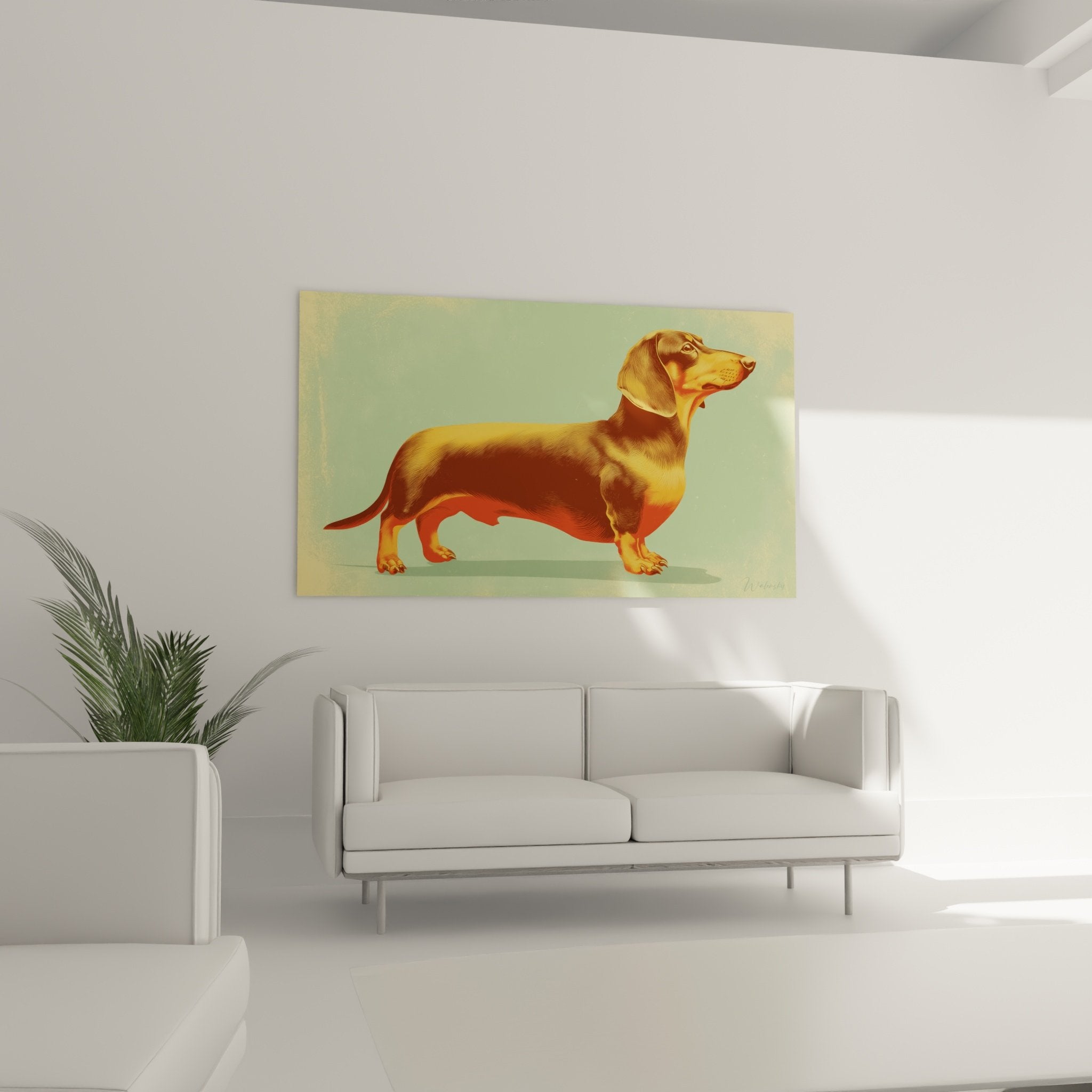 Détail gros plan tableau teckel montrant reflets dorés pelage et technique artistique