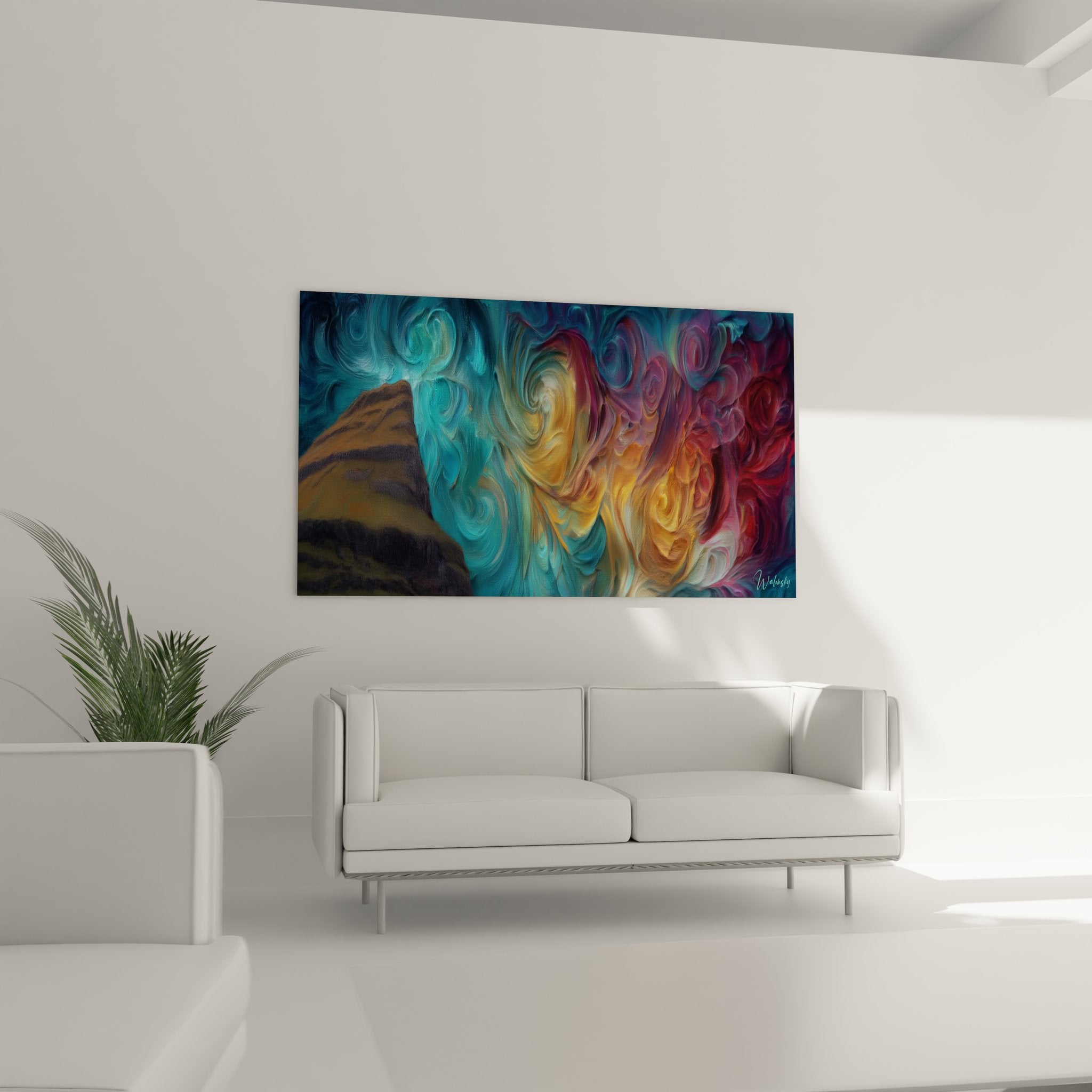 Gros plan détail tableau tempête côtière, tourbillons colorés et nuages dramatiques paysage insulaire artistique