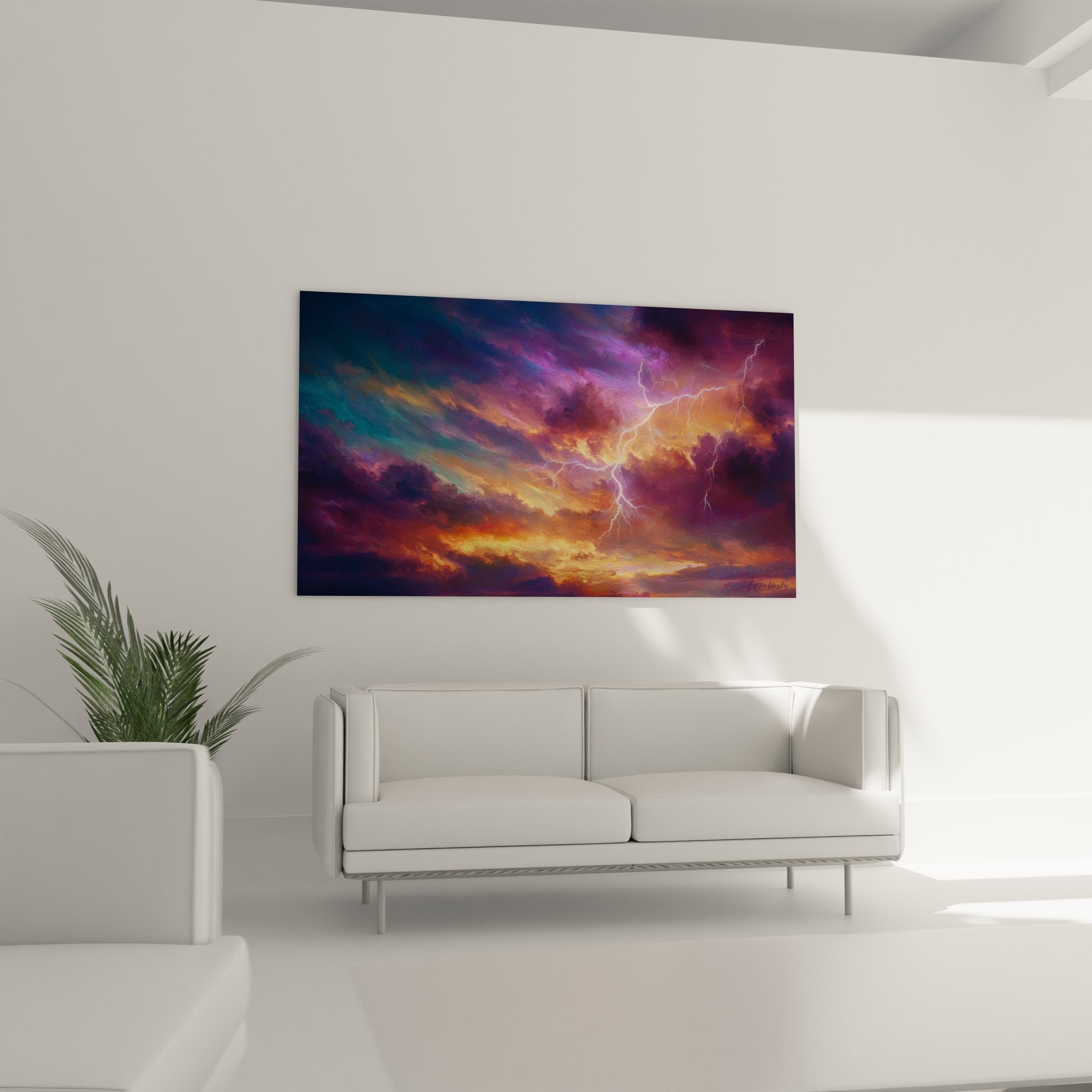 Gros plan détail tableau tempête électrique montrant éclairs et nuages colorés