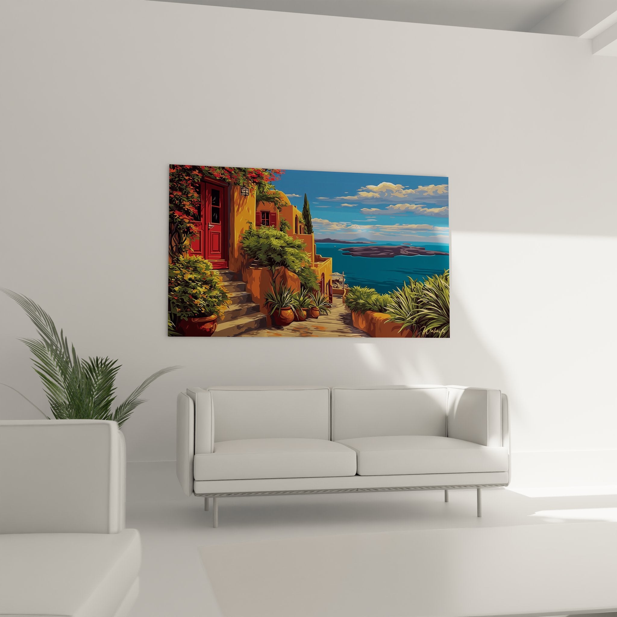 Détail tableau terrasse méditerranéenne pots de fleurs plantes grecques architecture traditionnelle