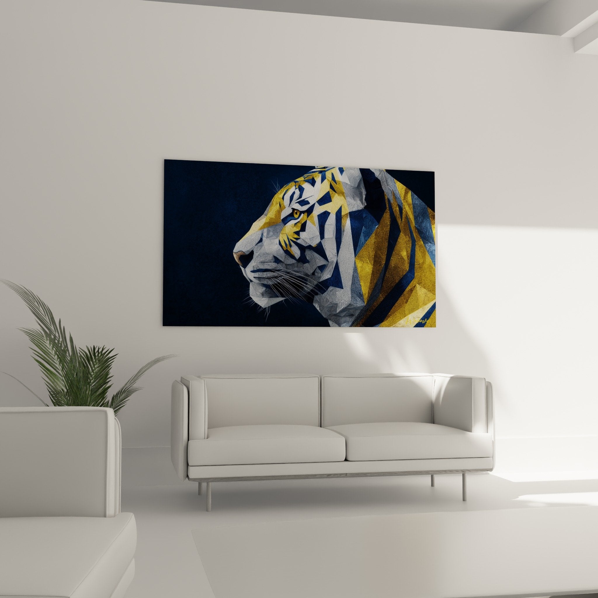 Detail tableau tigre geometrique dore bleu facettes artistiques contemporain gros plan