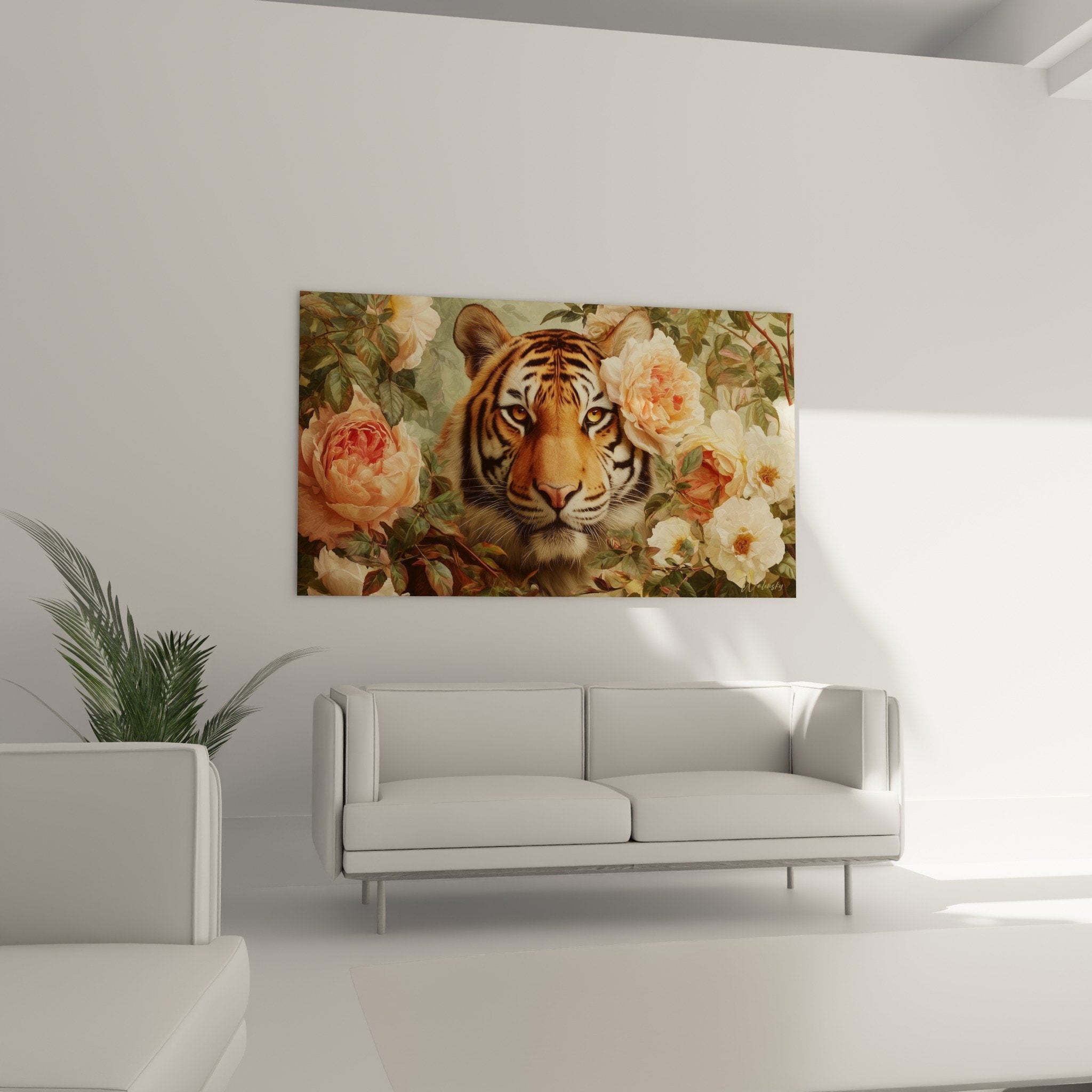 Detail rapproche tableau tigre regard intense pivoines corail roses blanches feuillage vert realisme saisissant
