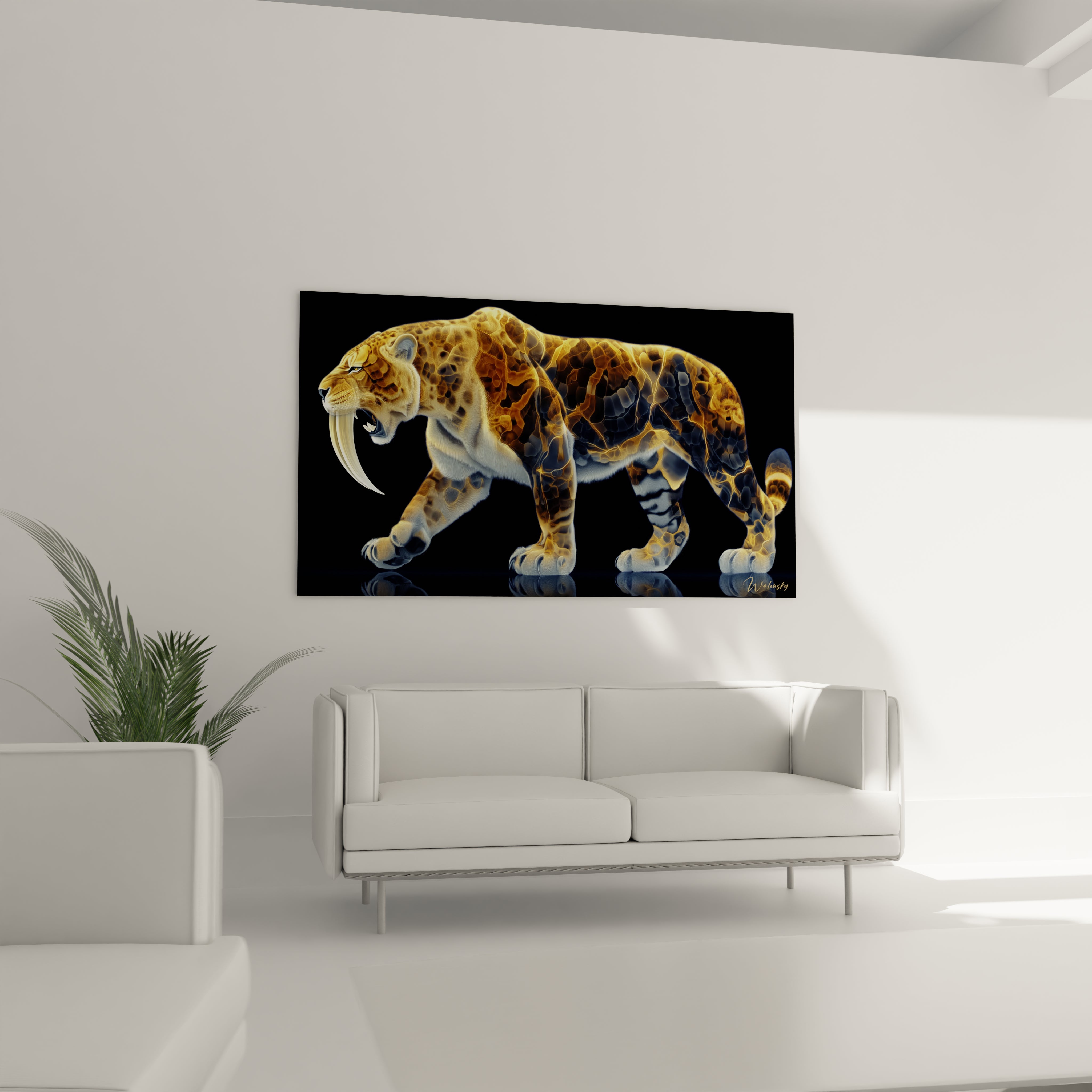 Gros plan du tableau smilodon montrant les détails des effets dorés lumineux