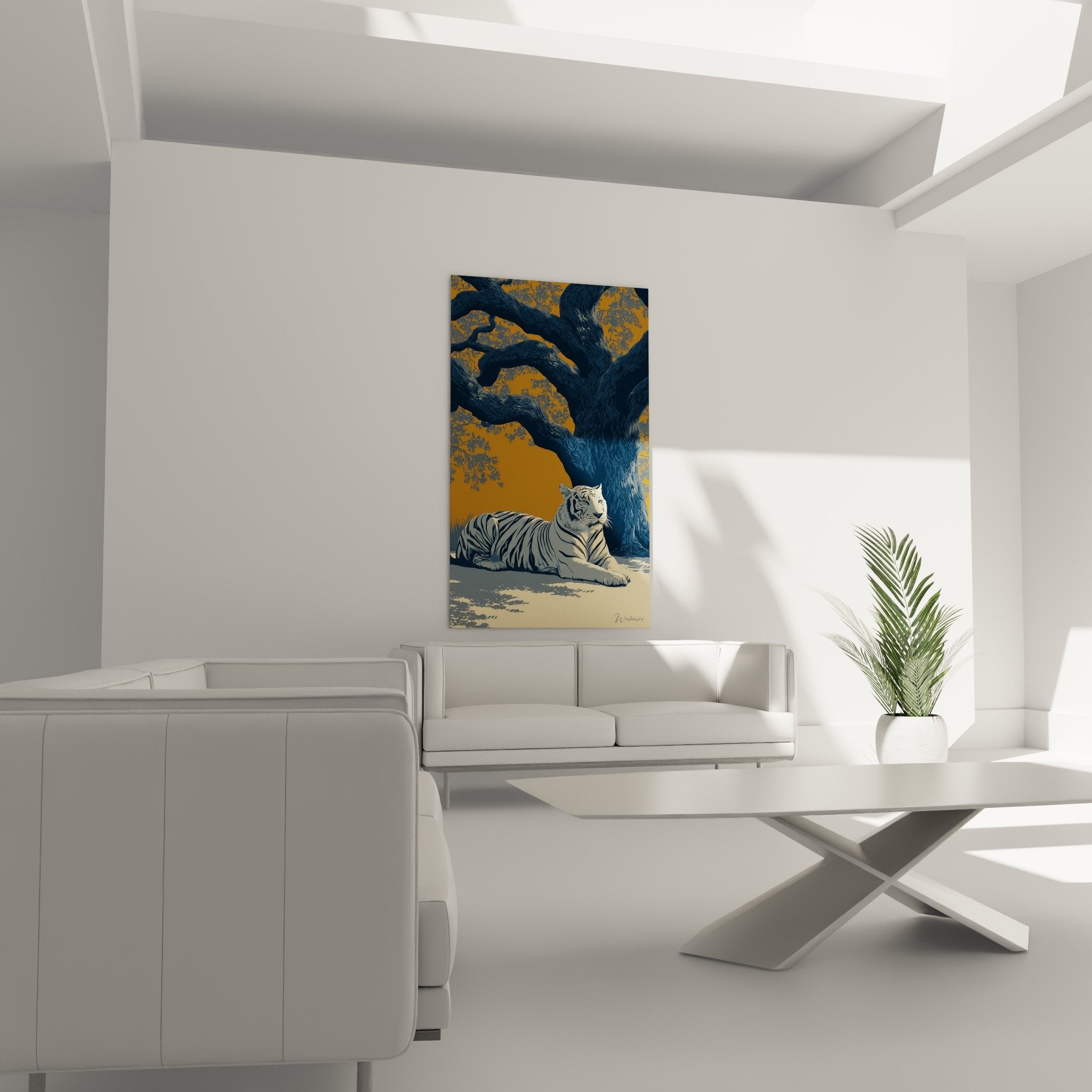 Detail tableau tigre rayures pelage realiste nuances bleu gris texture artistique qualite