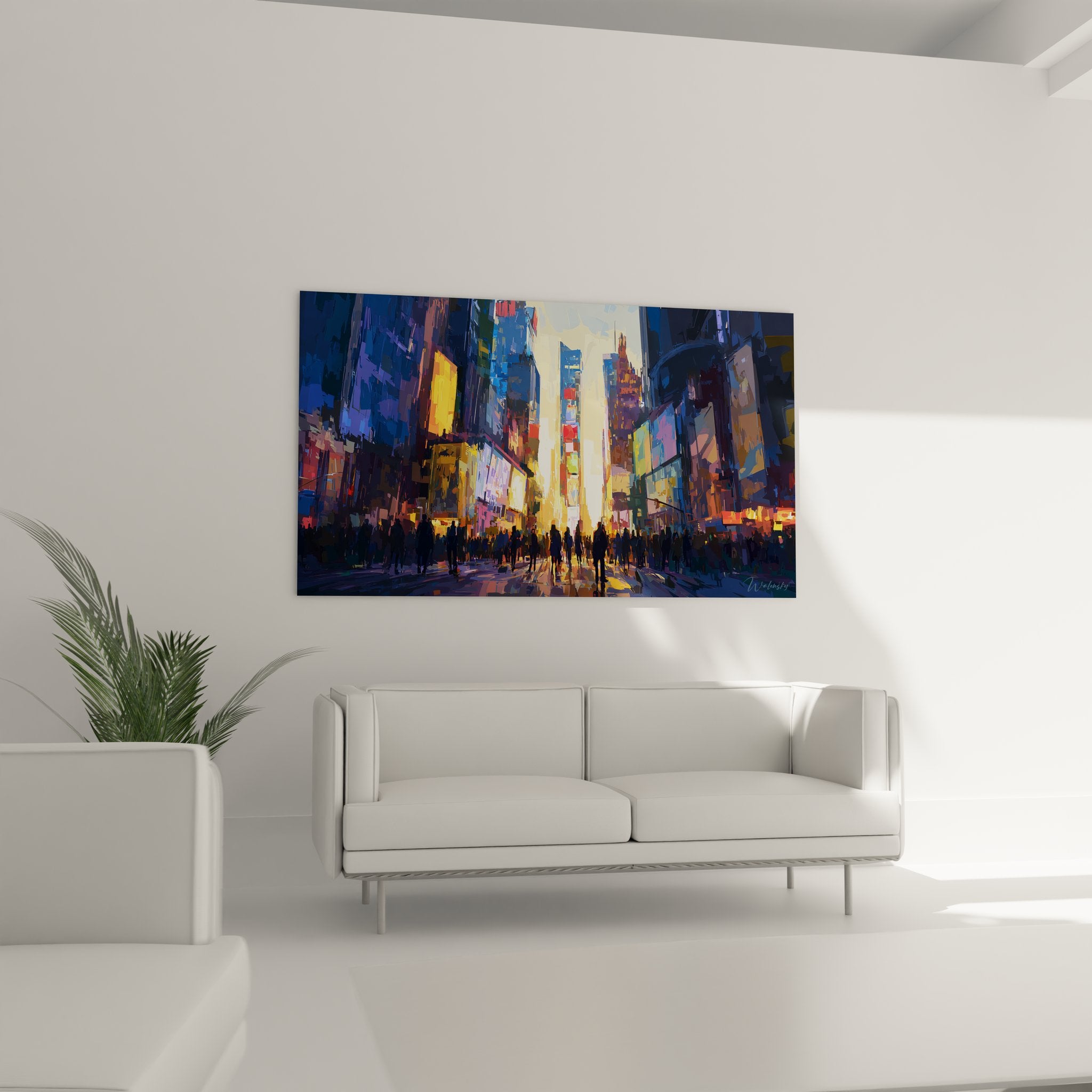 Détail tableau Times Square couleurs vives oranges bleus peinture urbaine moderne Manhattan