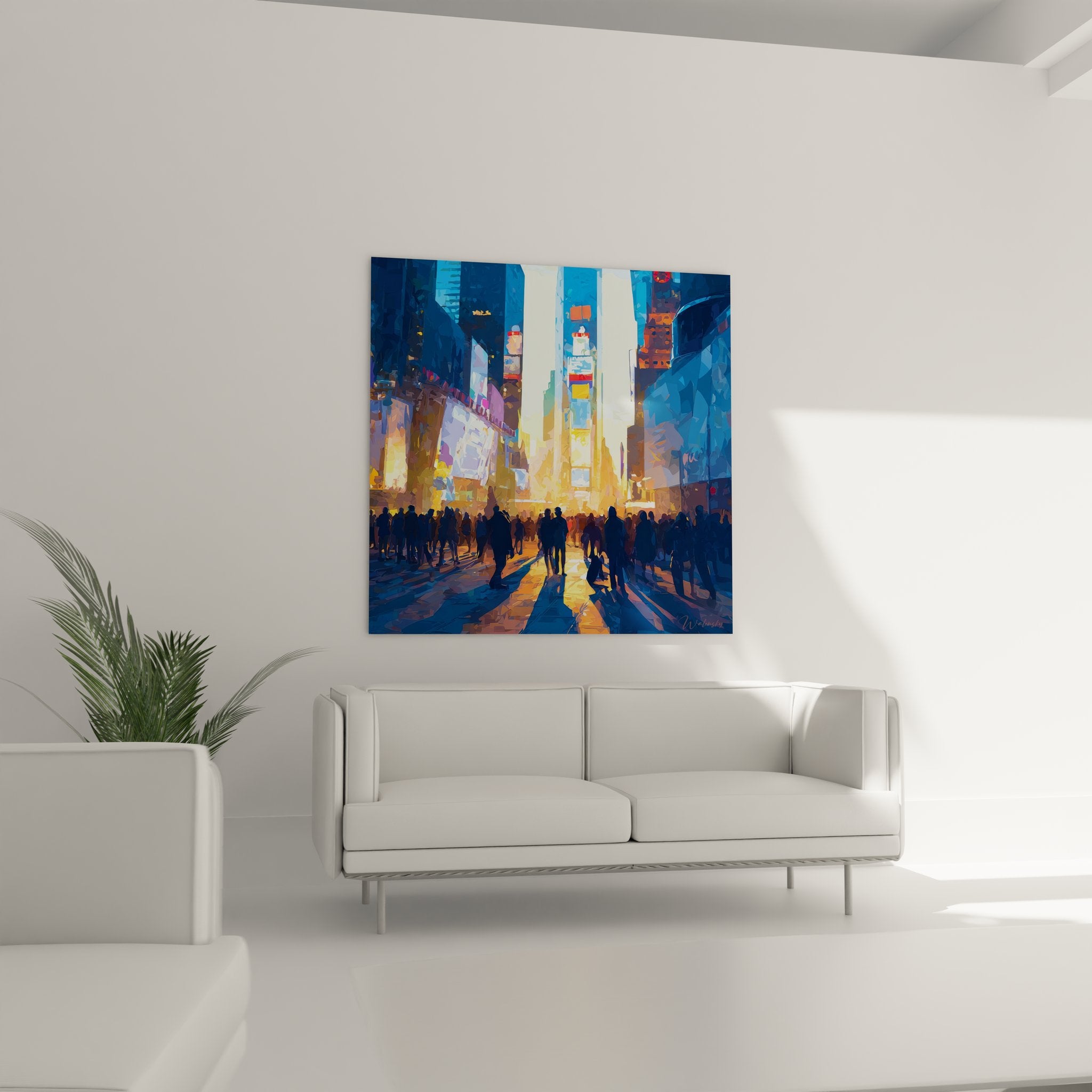 Détail tableau Times Square montrant néons colorés et écrans publicitaires style art contemporain