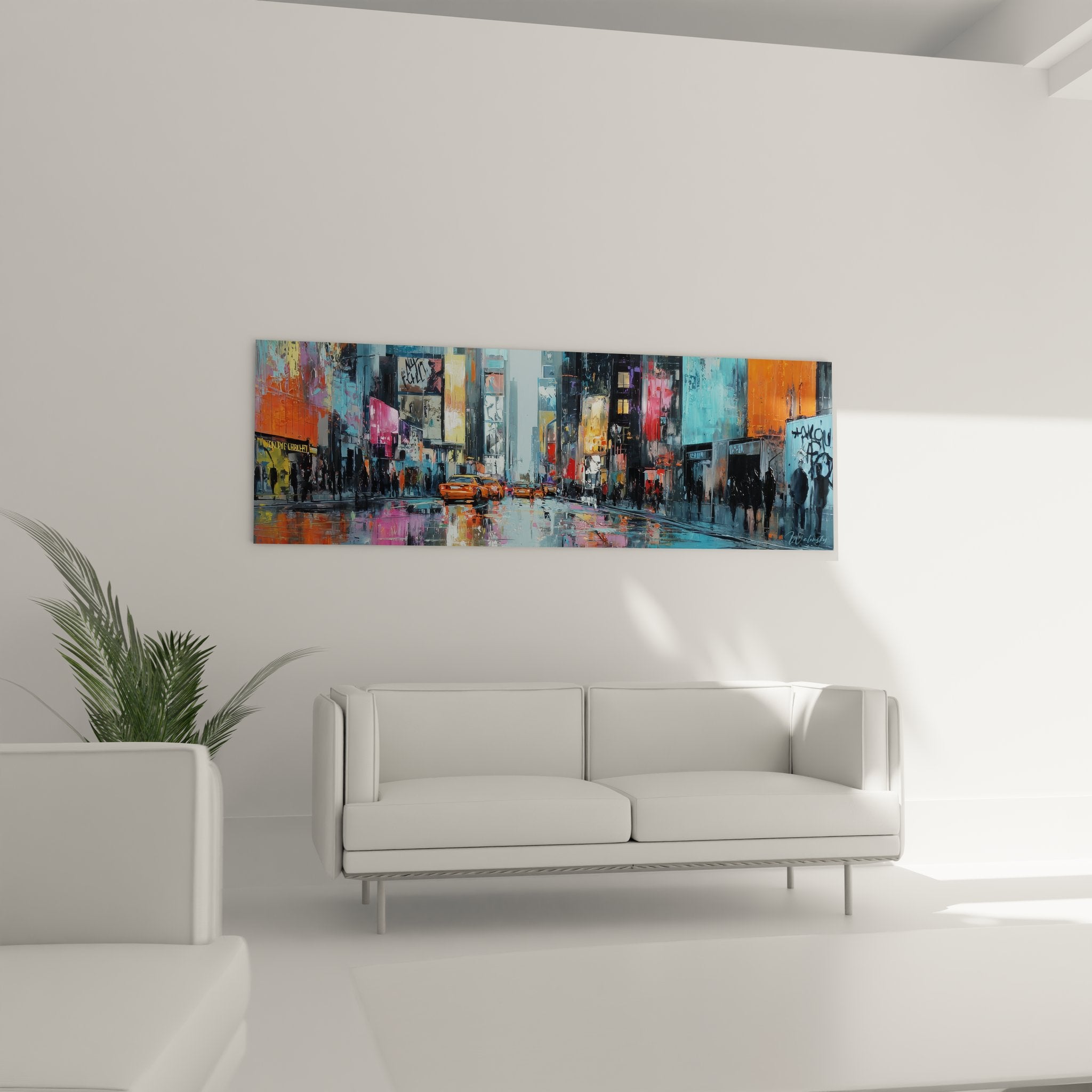 Détail gros plan tableau Times Square montrant reflets colorés et texture peinture urbaine