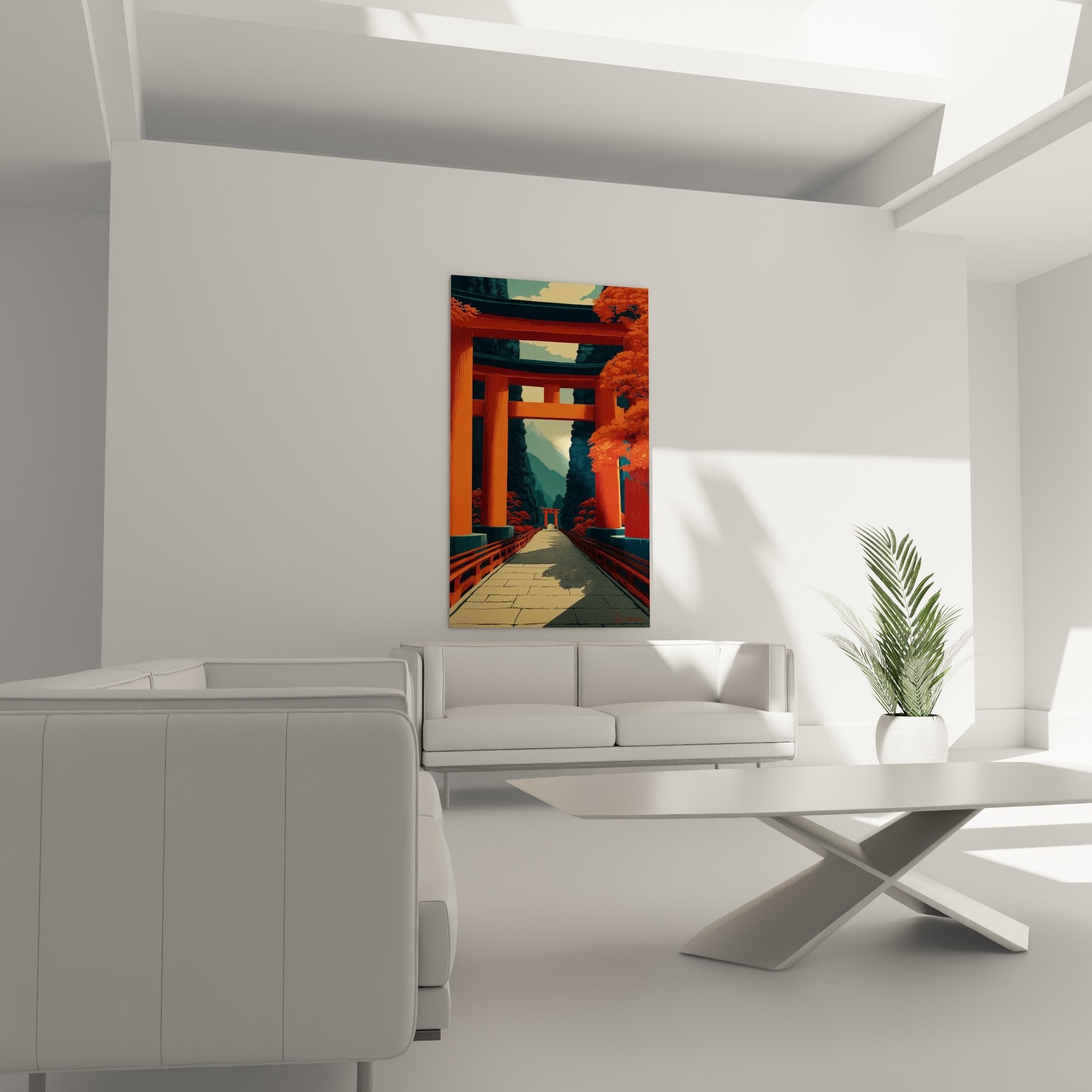 Détail rapproché tableau torii vermillon avec textures feuillage automnal et couleurs saturées