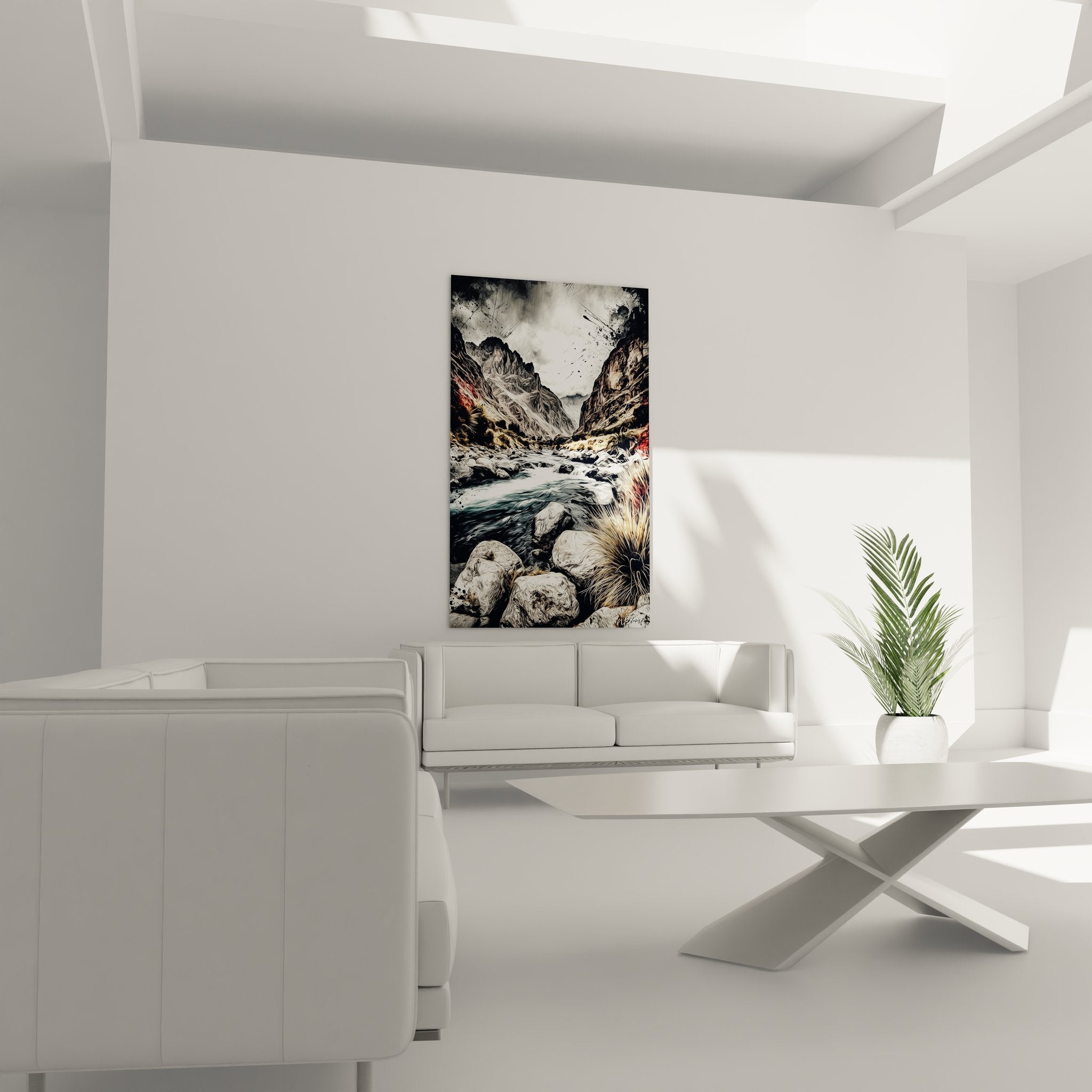 Gros plan détails tableau torrent - texture flots et rochers art mural canyon montagnard