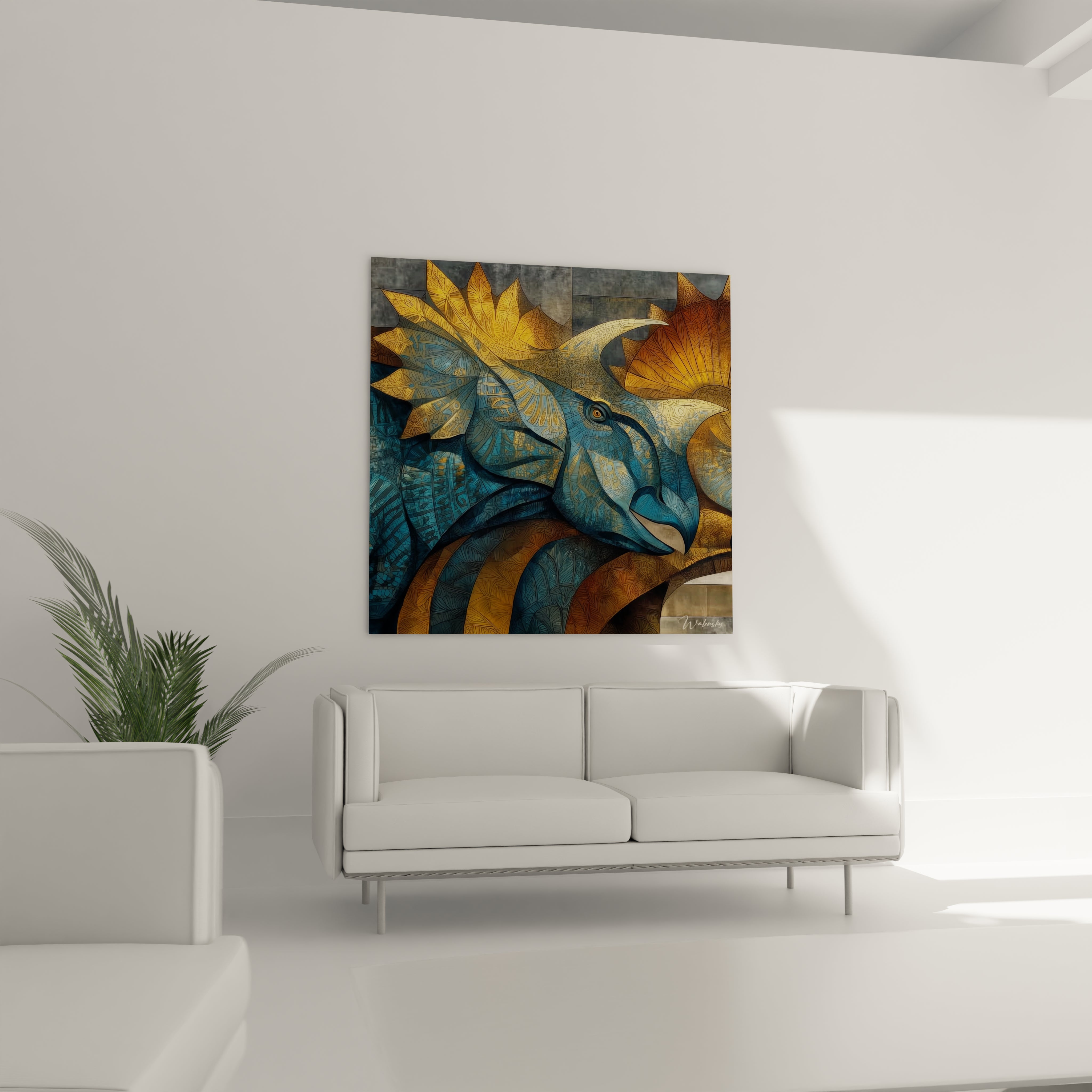 Gros plan détails tableau triceratops art abstrait montrant motifs dorés géométriques et textures mosaïque colorée