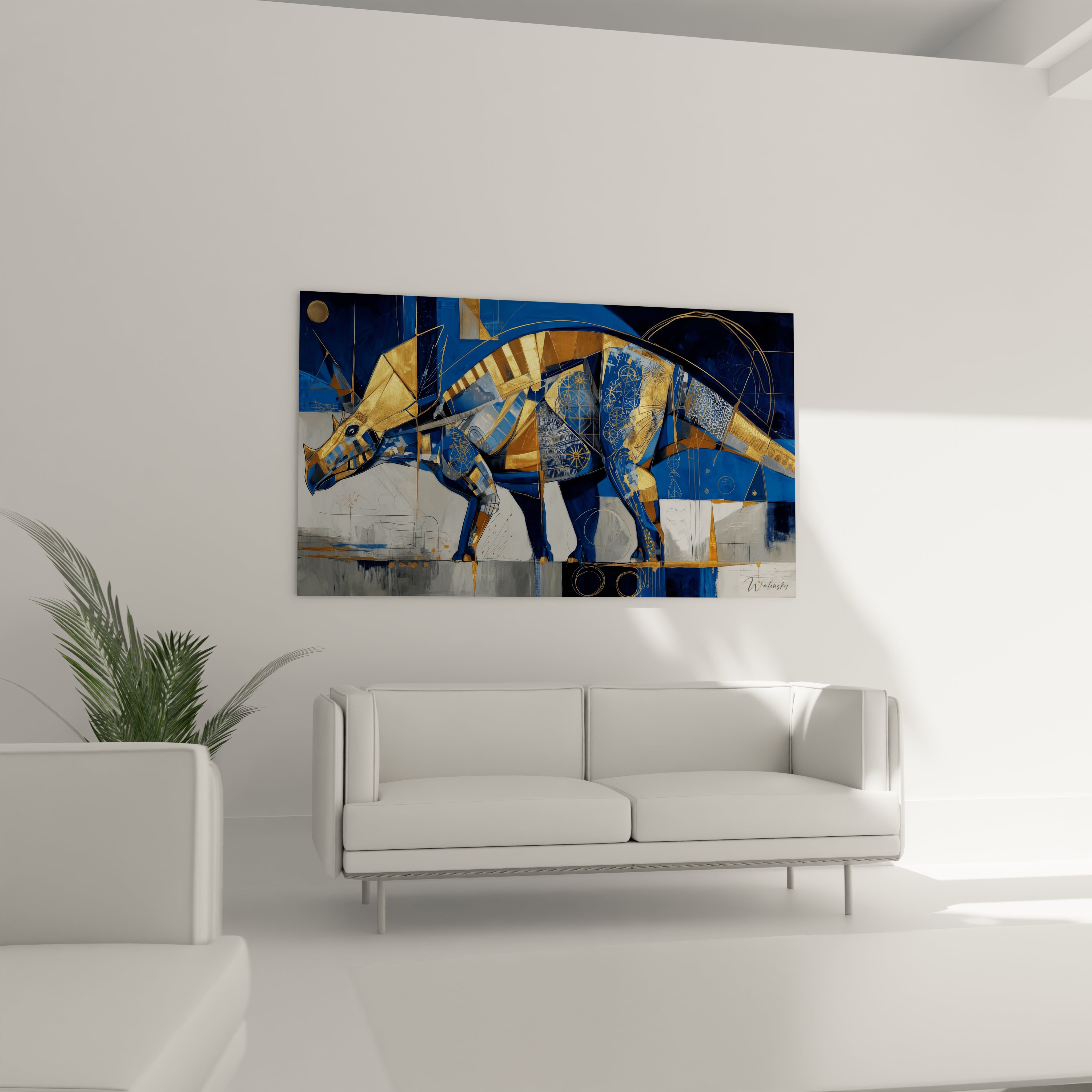 Détail gros plan tableau tricératops motifs géométriques bleus dorés, art mural dinosaure sophistiqué