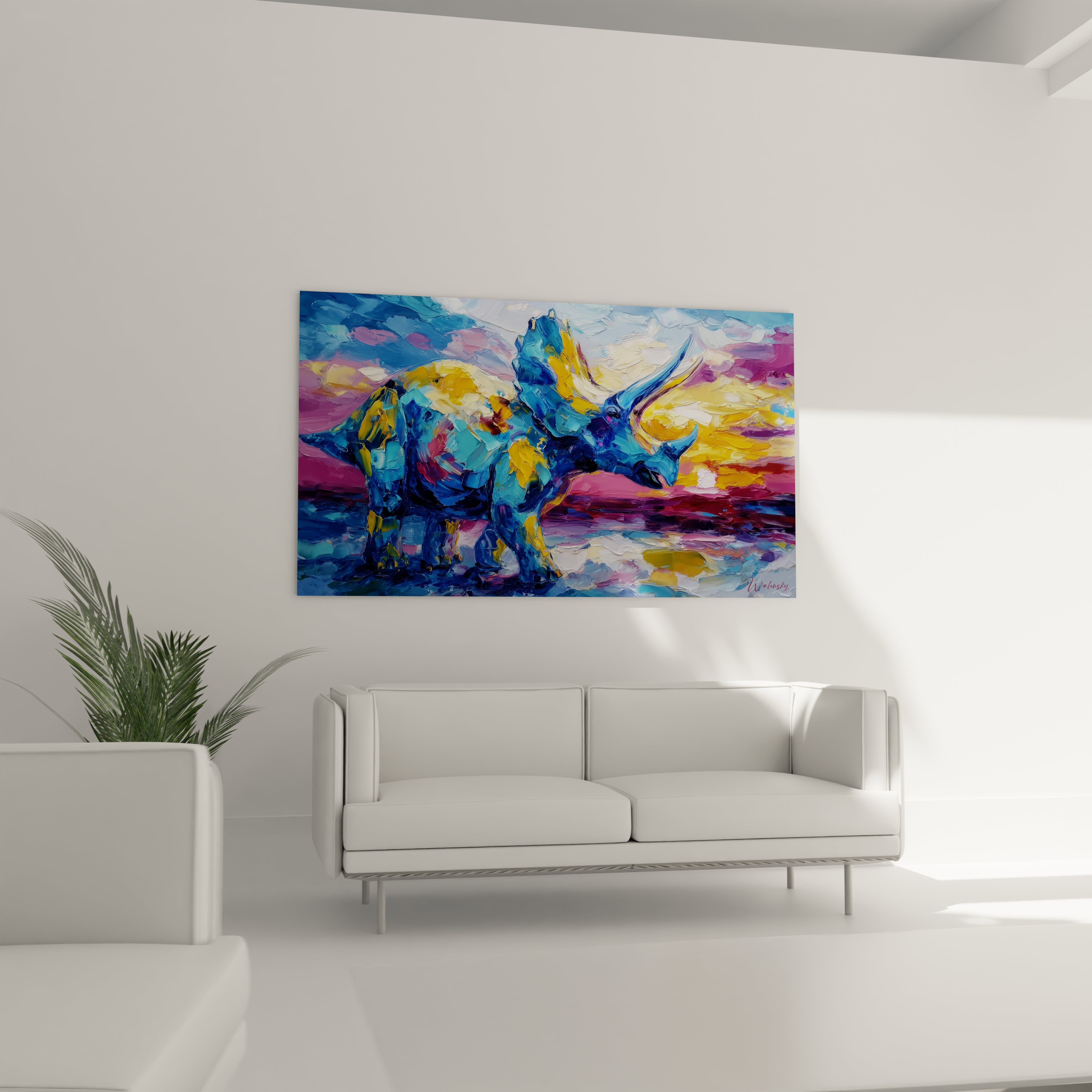 Gros plan détail tableau triceratops peinture impressionniste couleurs vives art dinosaure