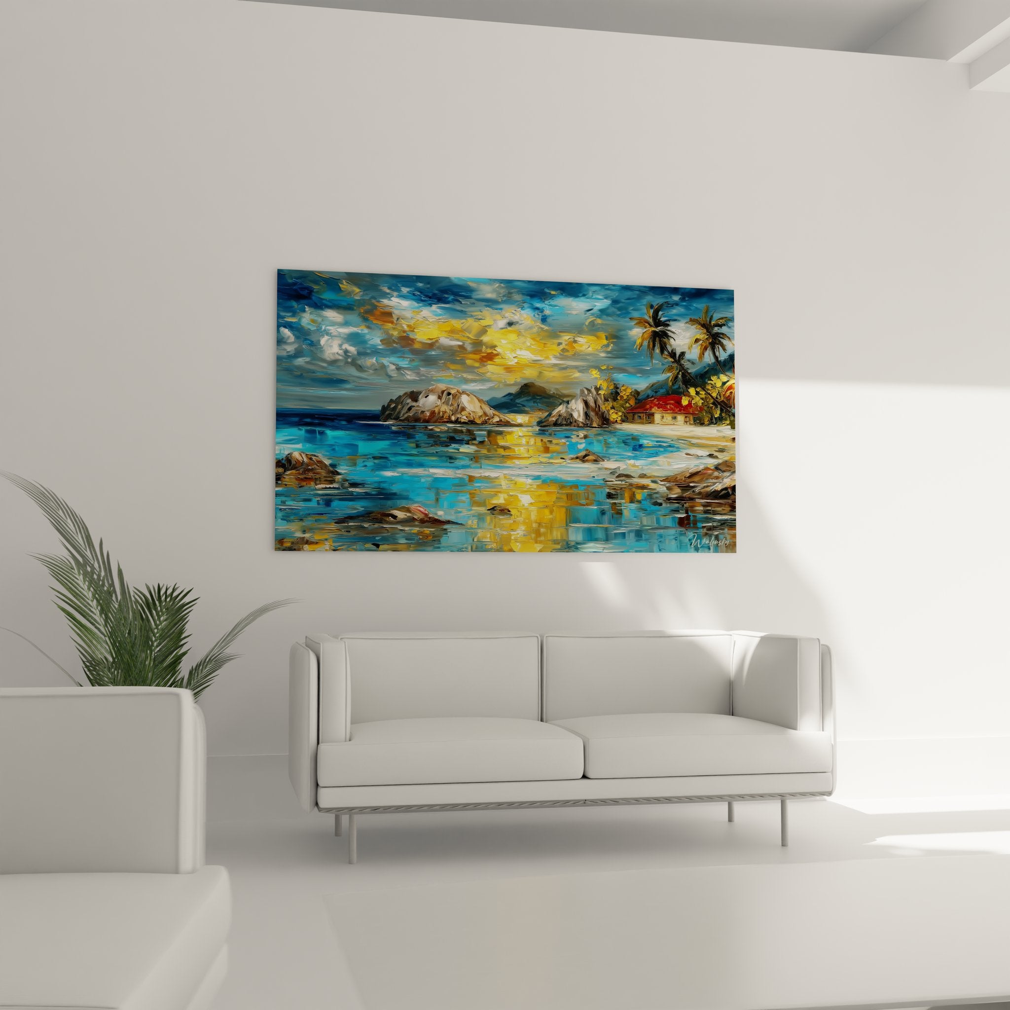 Détail tableau paysage tropical reflets dorés eau turquoise coucher soleil peinture texturée qualité