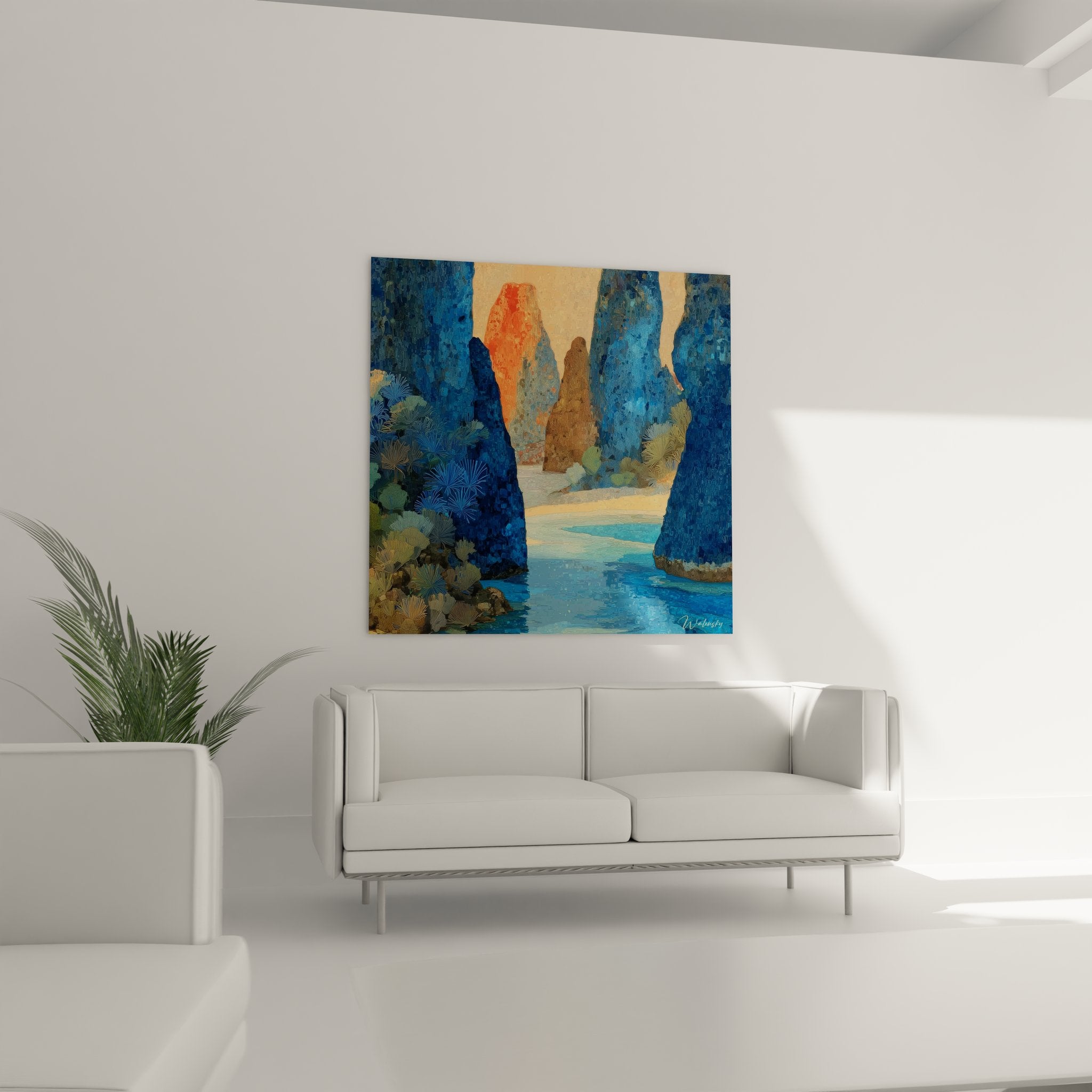 Détail tableau tropical textures roches bleues eau turquoise végétation exotique