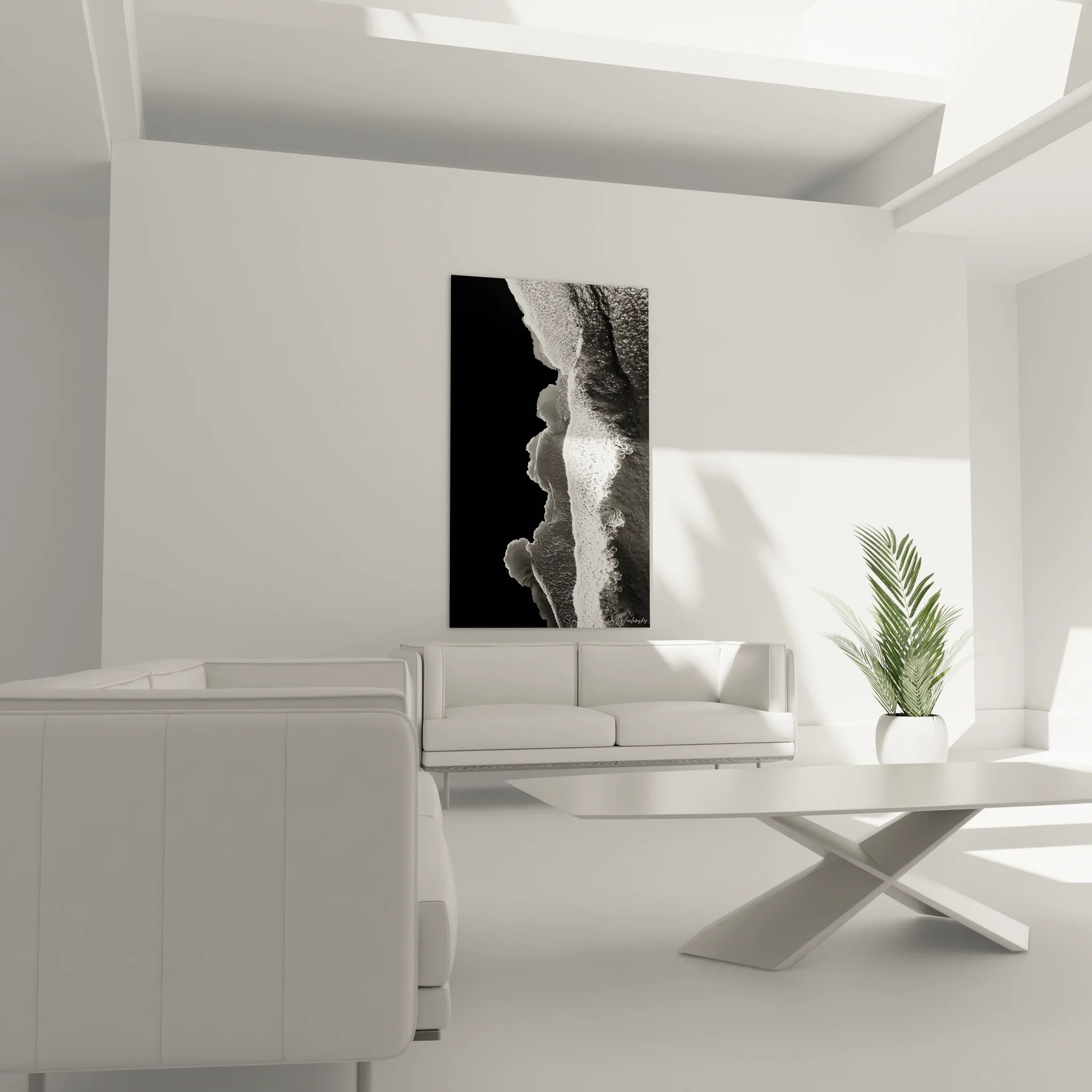 Détail rapproché tableau vagues océan montrant texture écume et contraste noir blanc