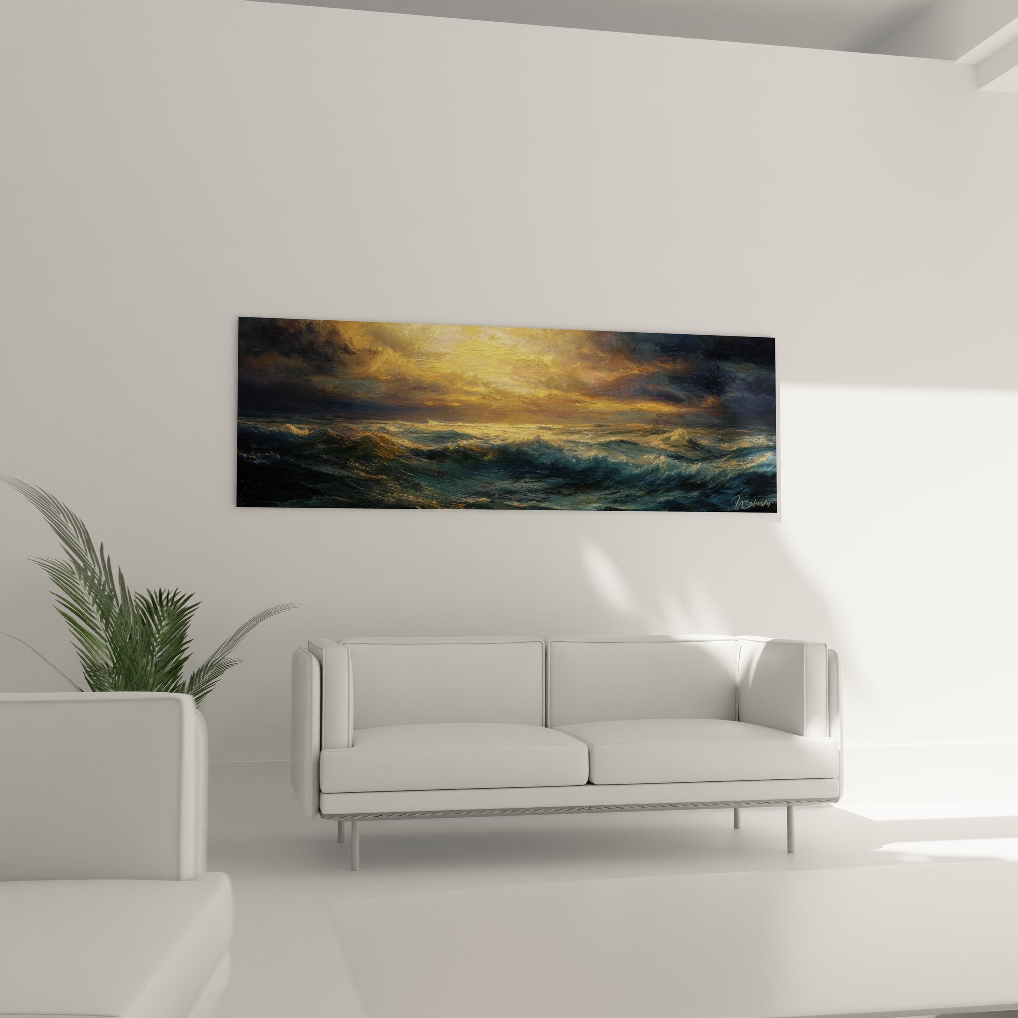 Détail gros plan tableau vagues océaniques dorées, technique picturale mer orageuse