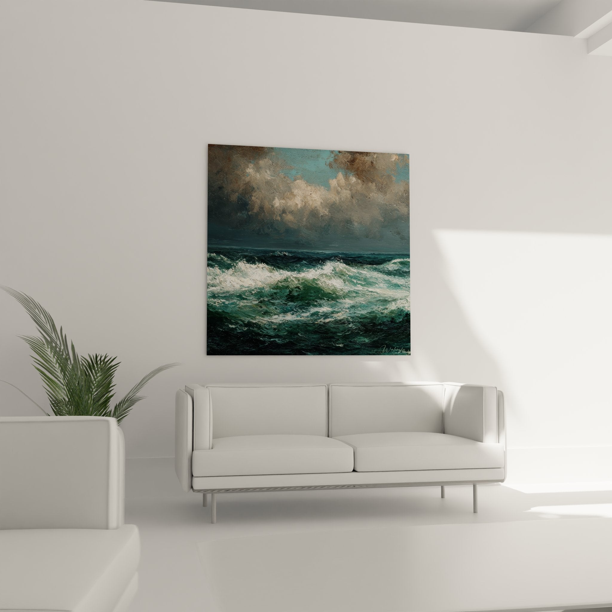 Gros plan tableau vagues océaniques détail peinture marine écume blanche technique picturale